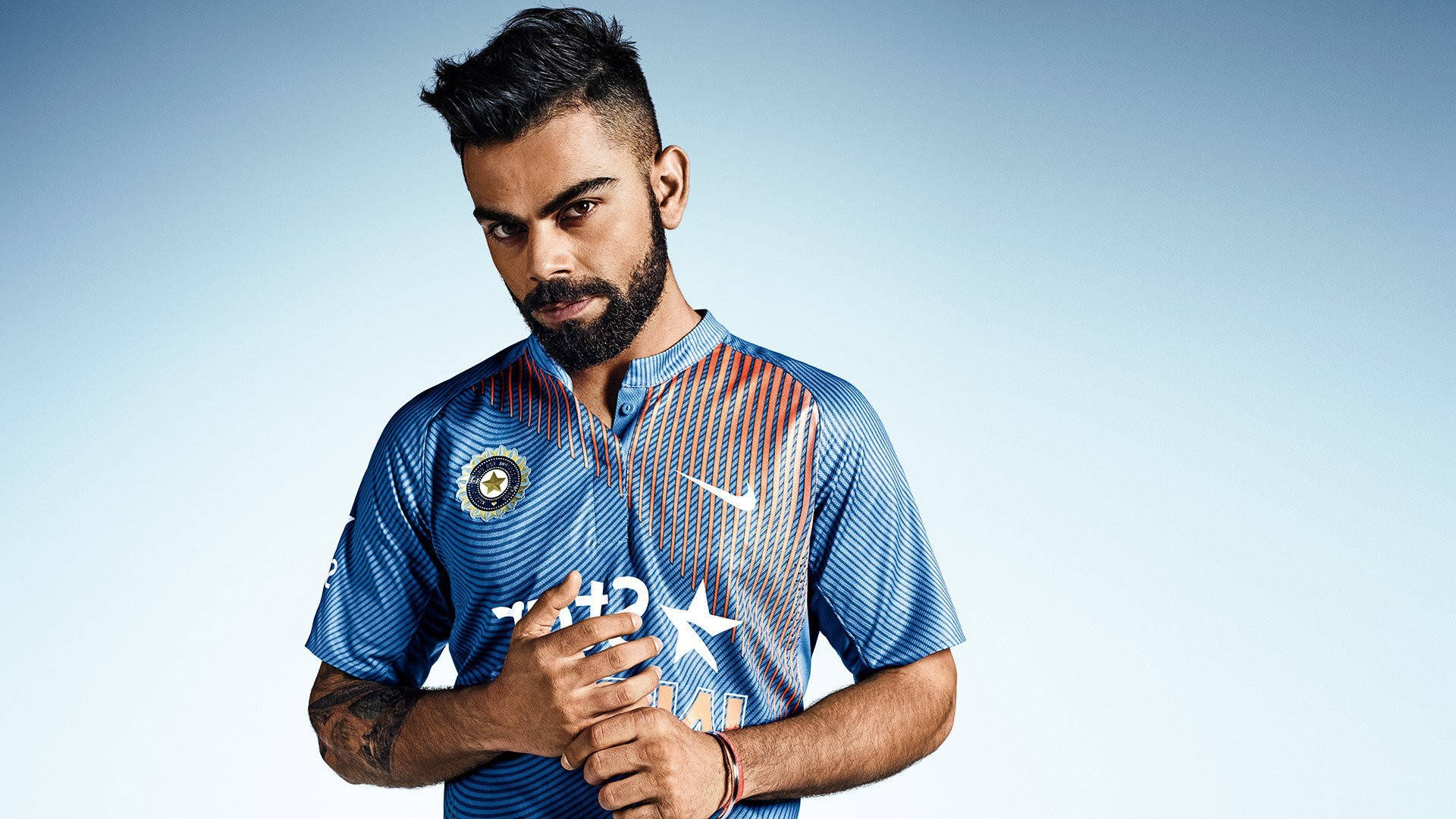 Virat Kohli, blue striped jersey, cricket player, Full HD Desktop Wallpaper