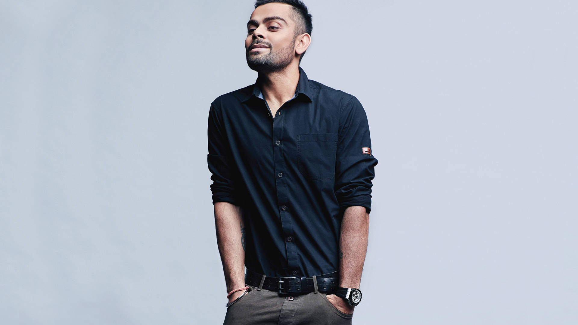 Virat Kohli, dark shirt, light gray background, Full HD Desktop Wallpaper