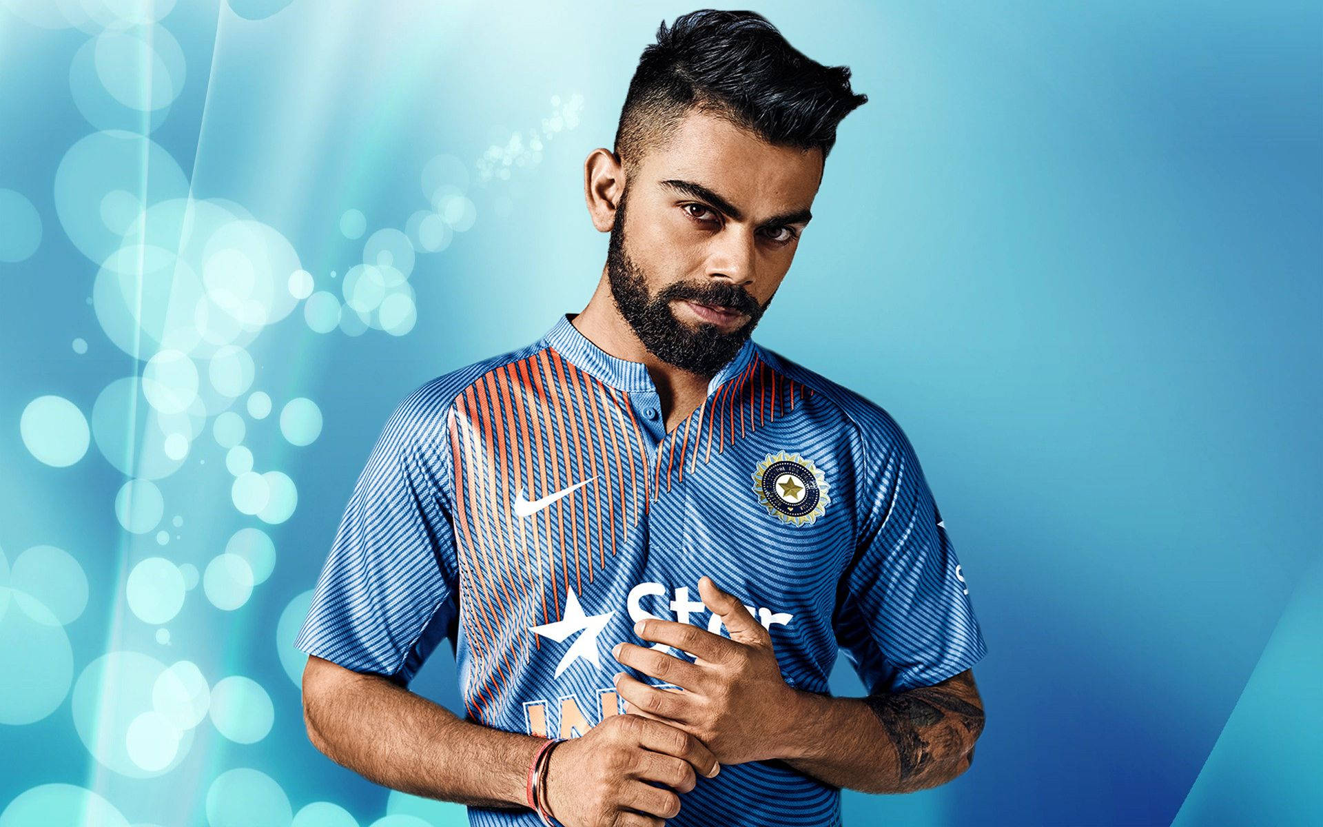 Virat Kohli, blue striped jersey, glowing blue bokeh background, Full HD Desktop Wallpaper