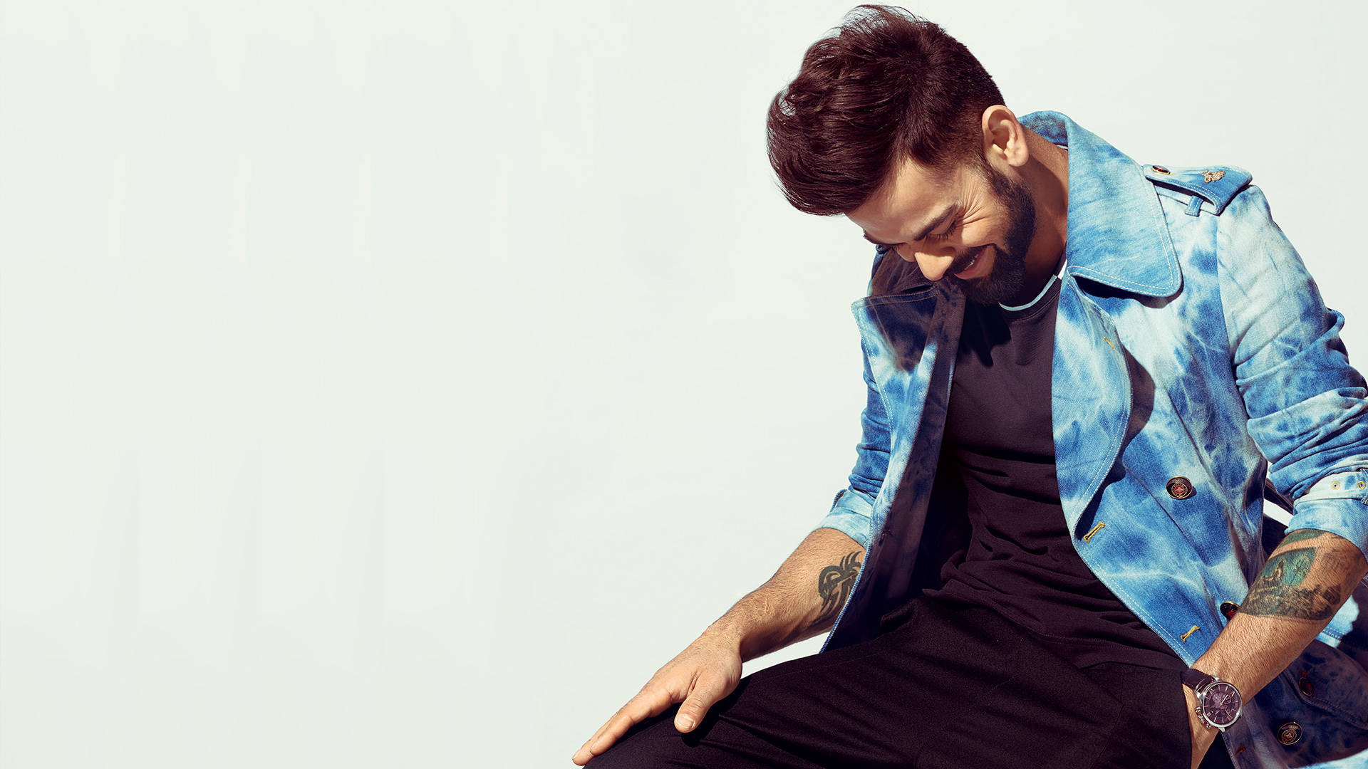 Virat Kohli, blue tie-dye jacket, black outfit, Full HD Desktop Wallpaper