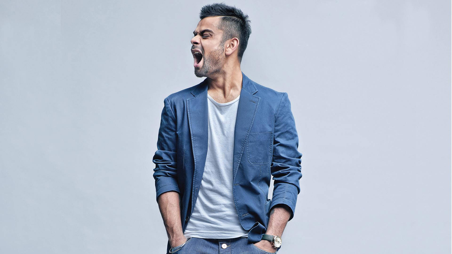 Virat Kohli, blue blazer, gray studio background, Full HD Desktop Wallpaper