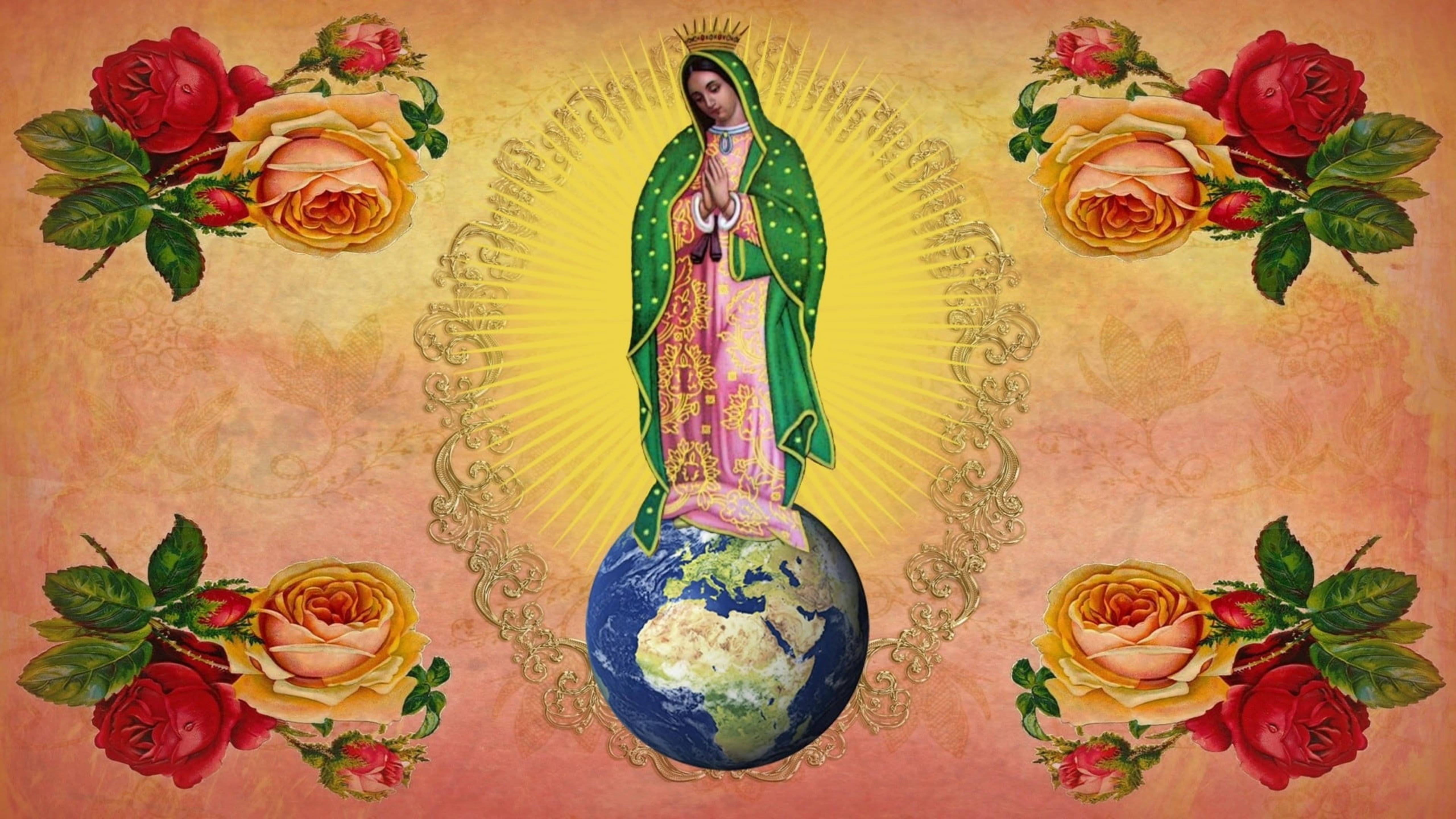 Virgen De Guadalupe, globe, red and yellow roses, 5K Desktop Wallpaper