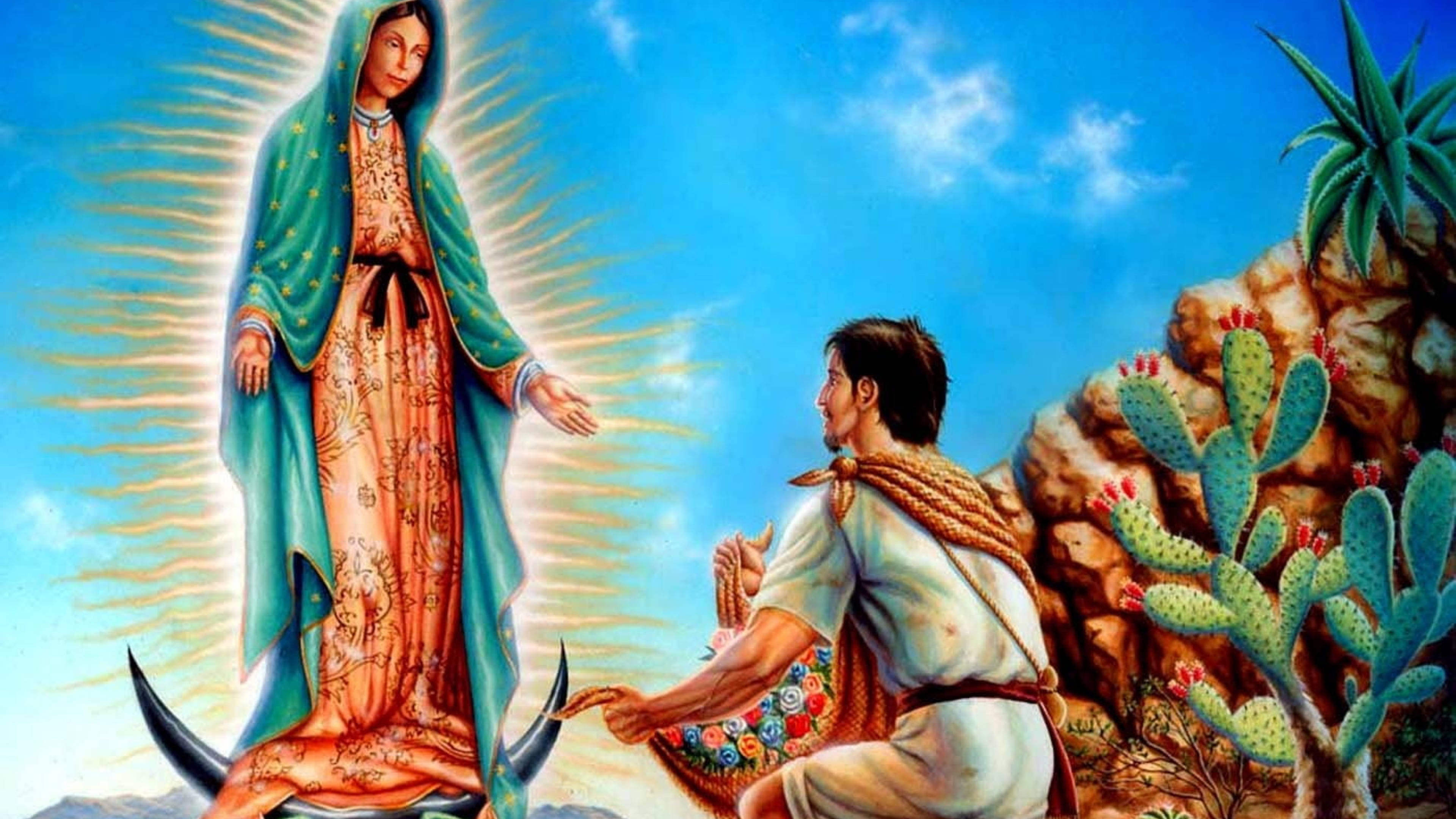 Virgen De Guadalupe, crescent moon, kneeling indigenous man, 4K Desktop Wallpaper