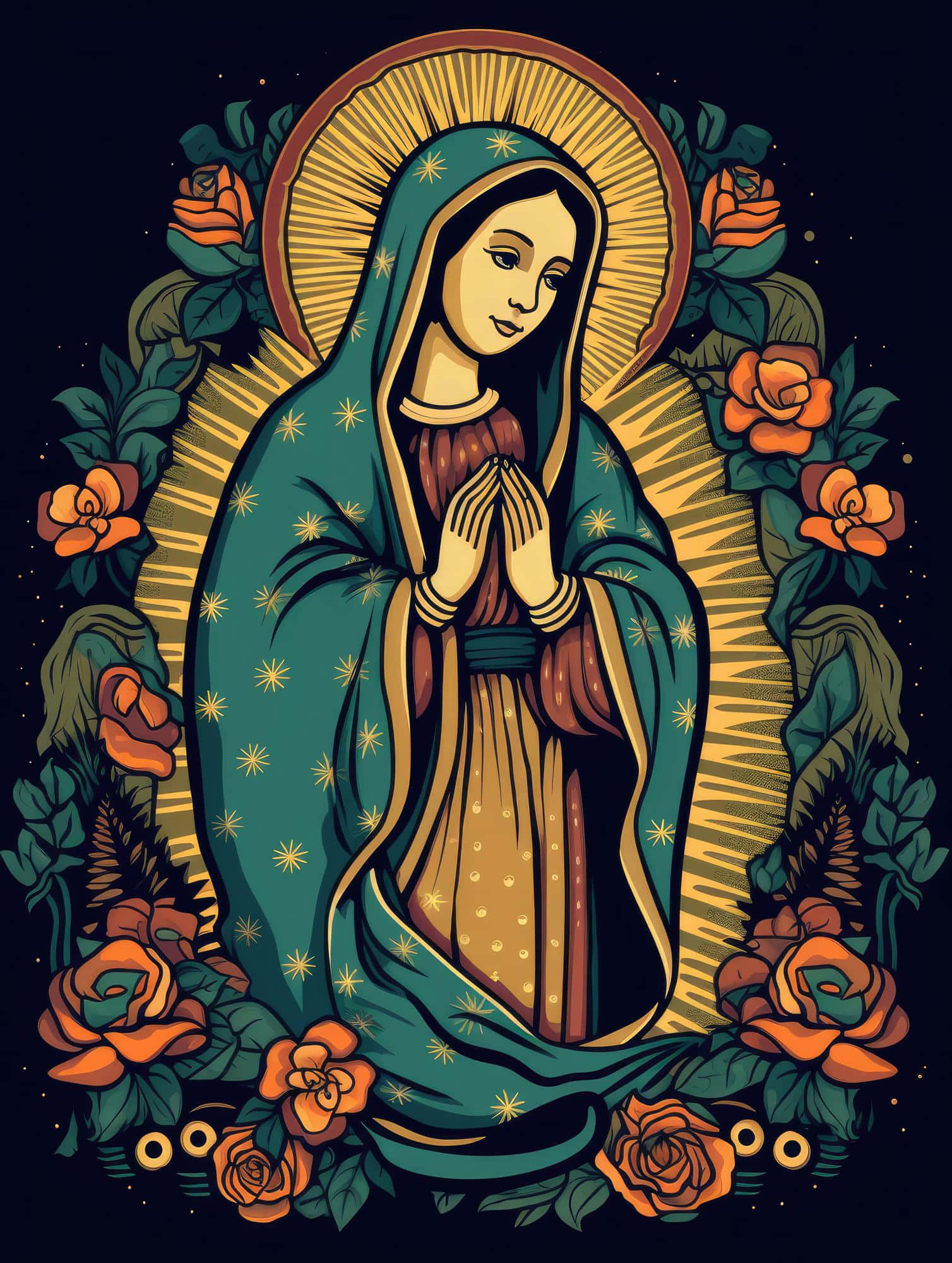 Virgen De Guadalupe, orange roses, golden rays, Full HD Phone Wallpaper