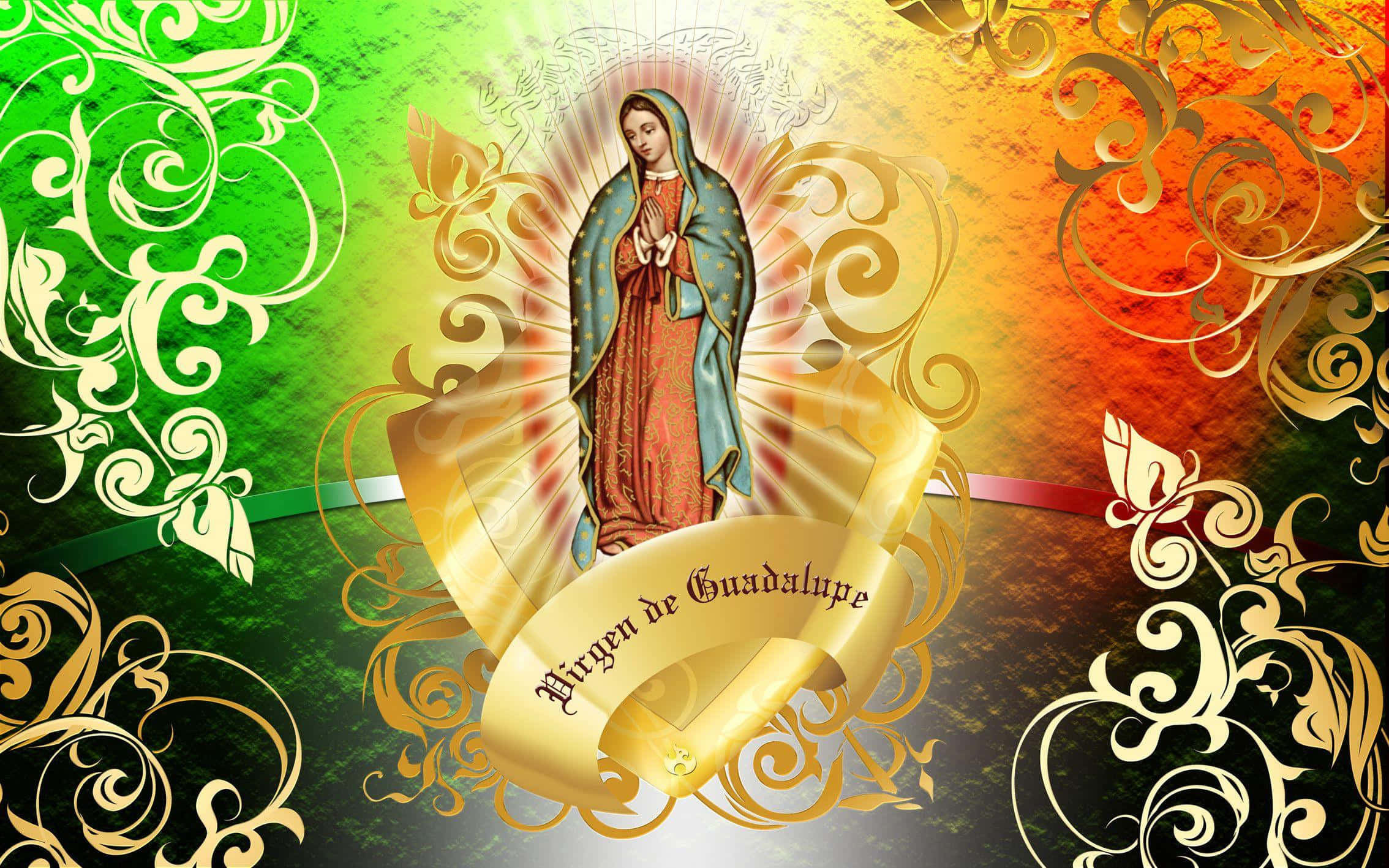 Virgen de Guadalupe, golden light, green orange gradient, Full HD Desktop Wallpaper