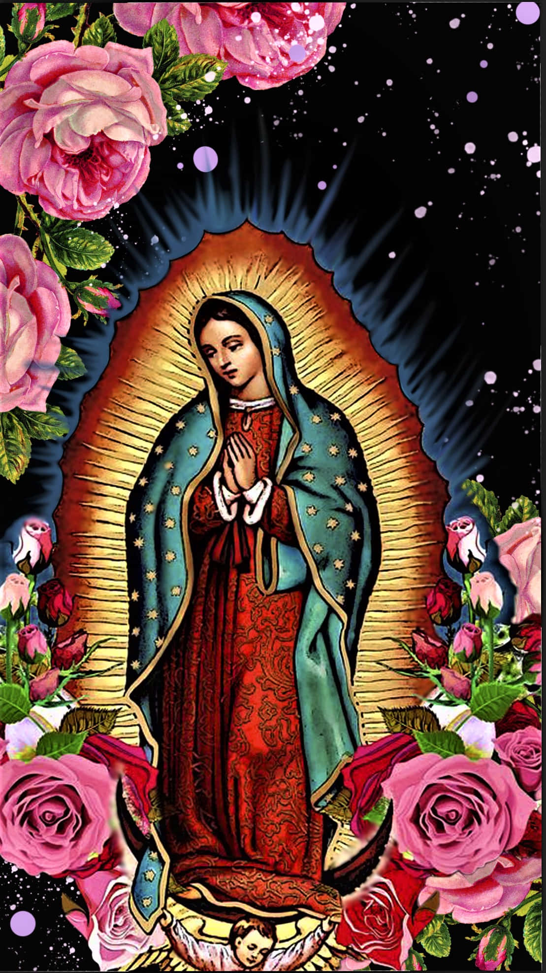 Virgen De Guadalupe, golden light, pink roses, Full HD Phone Wallpaper