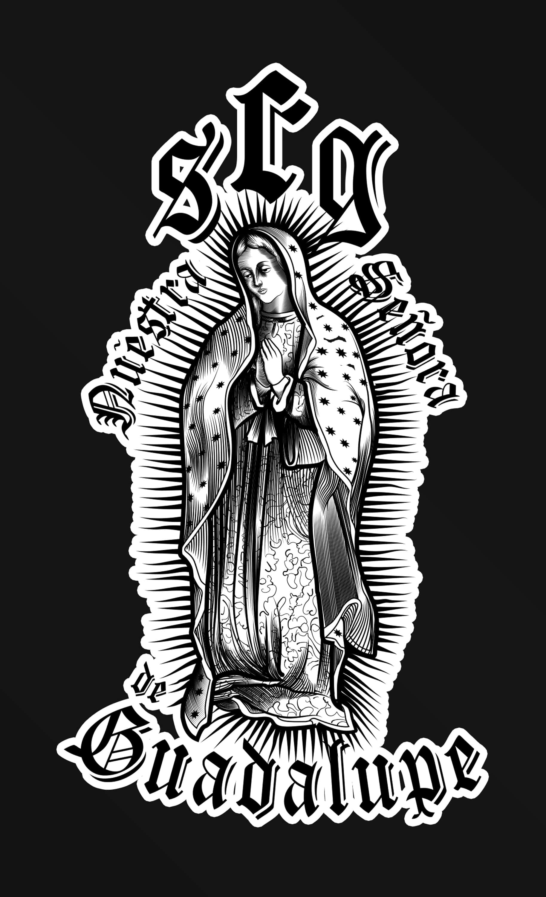 Virgen De Guadalupe, tattoo-style illustration, radiant rays, 2K Phone Wallpaper