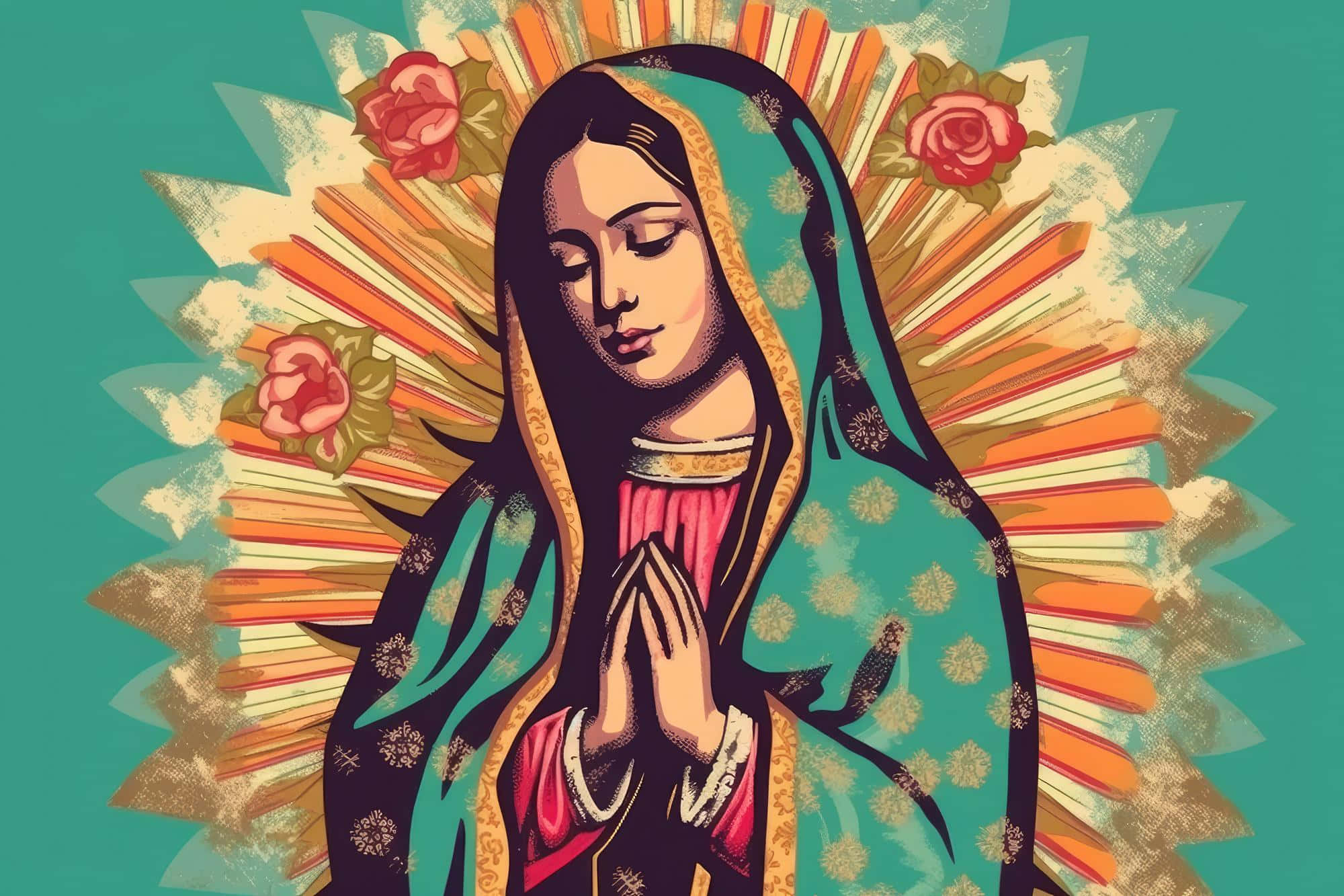 Virgen De Guadalupe, orange rays, pink roses, Full HD Desktop Wallpaper
