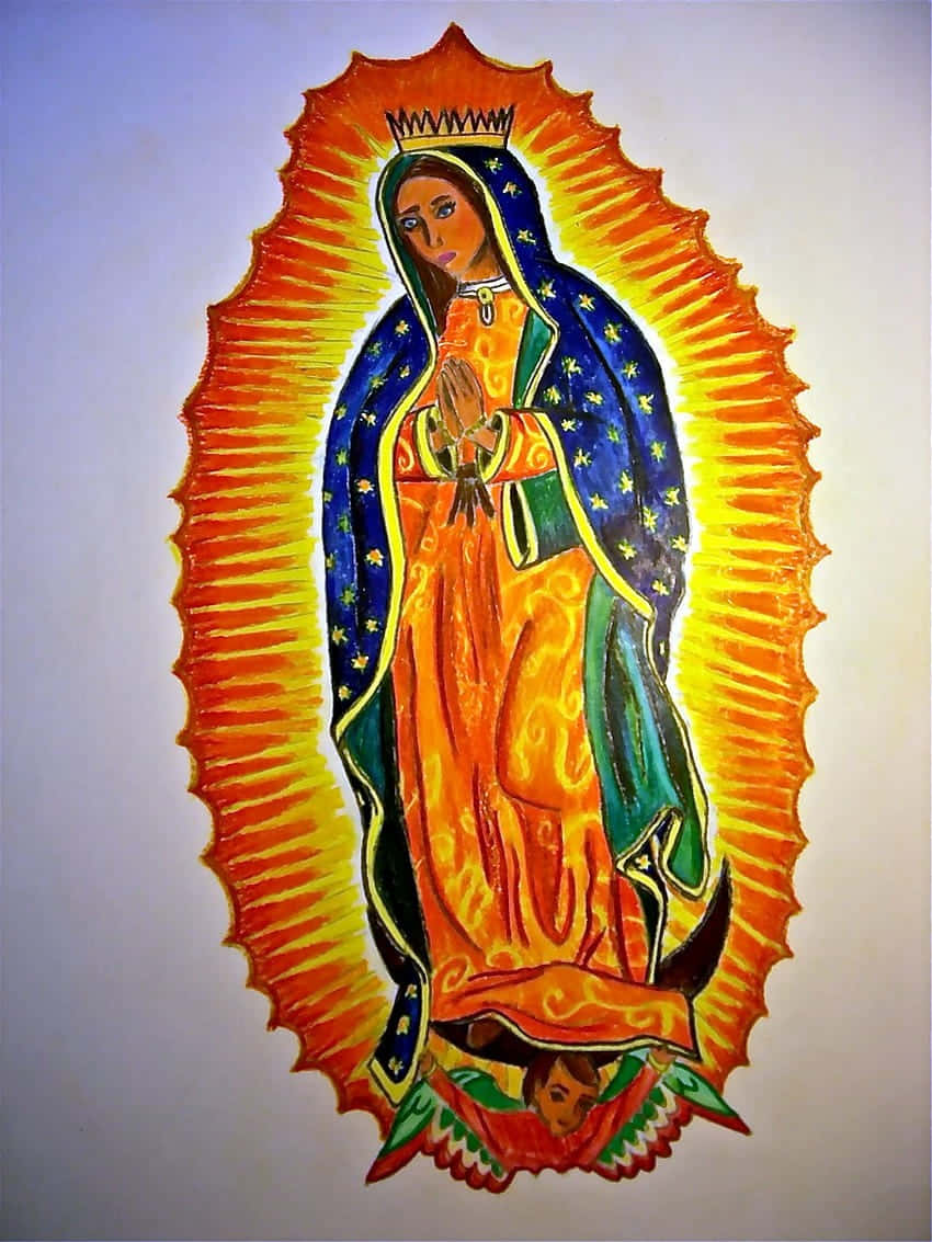 Virgen De Guadalupe, radiant orange halo, blue starry mantle, SD Phone Wallpaper