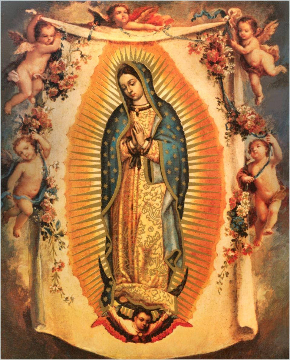 Virgen De Guadalupe, angels, golden rays, SD Phone Wallpaper