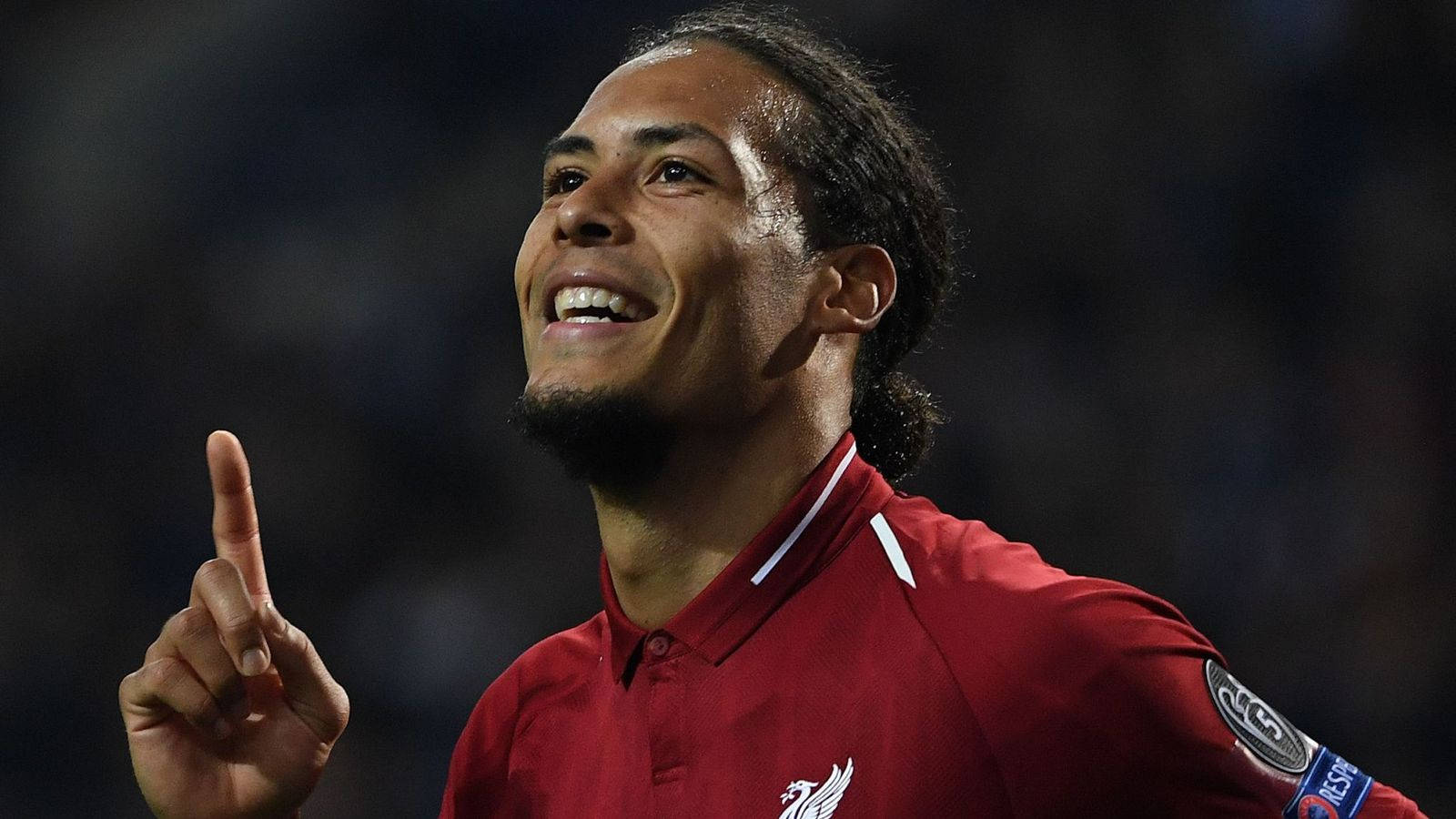 Virgil van Dijk, red Liverpool jersey, stadium lights, HD Desktop Wallpaper