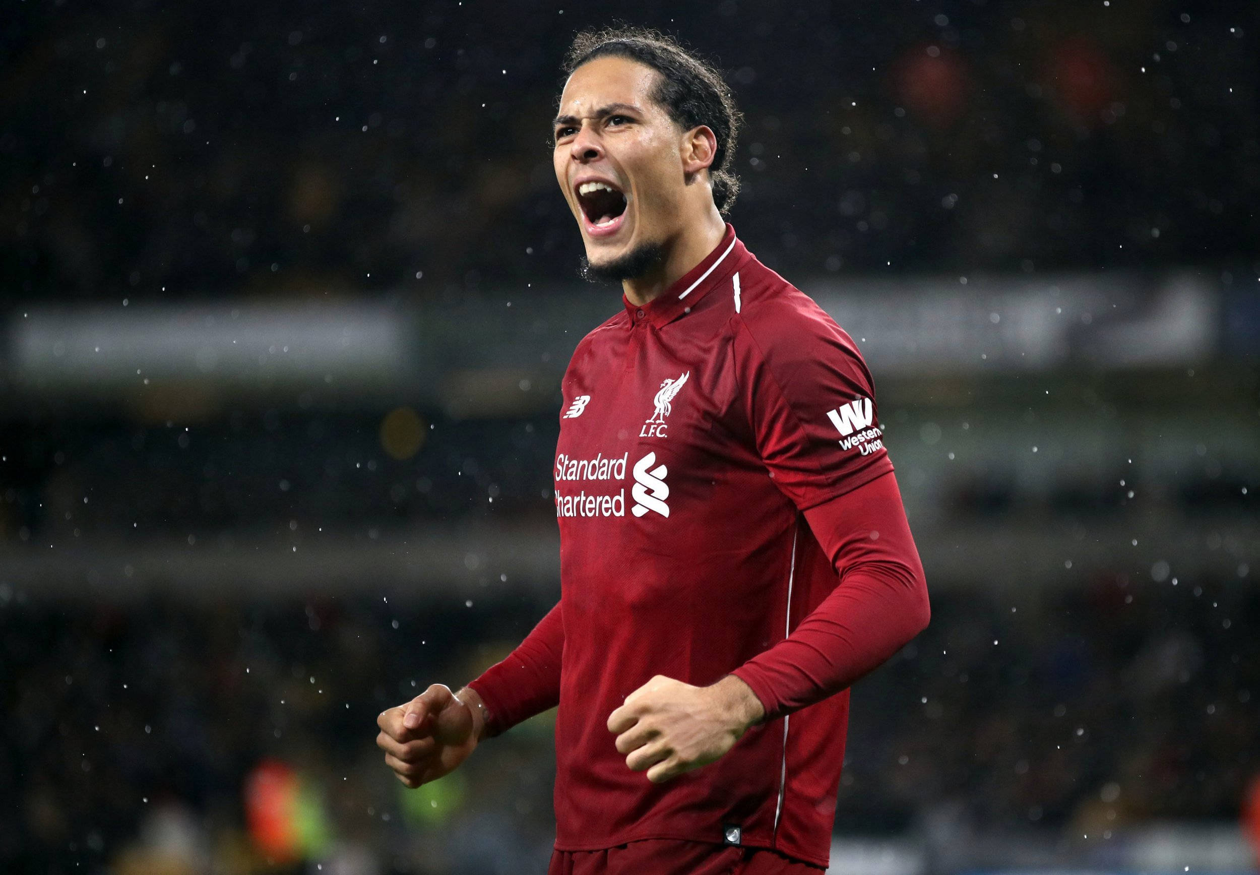 Virgil van Dijk, red Liverpool jersey, rain, Full HD Desktop Wallpaper