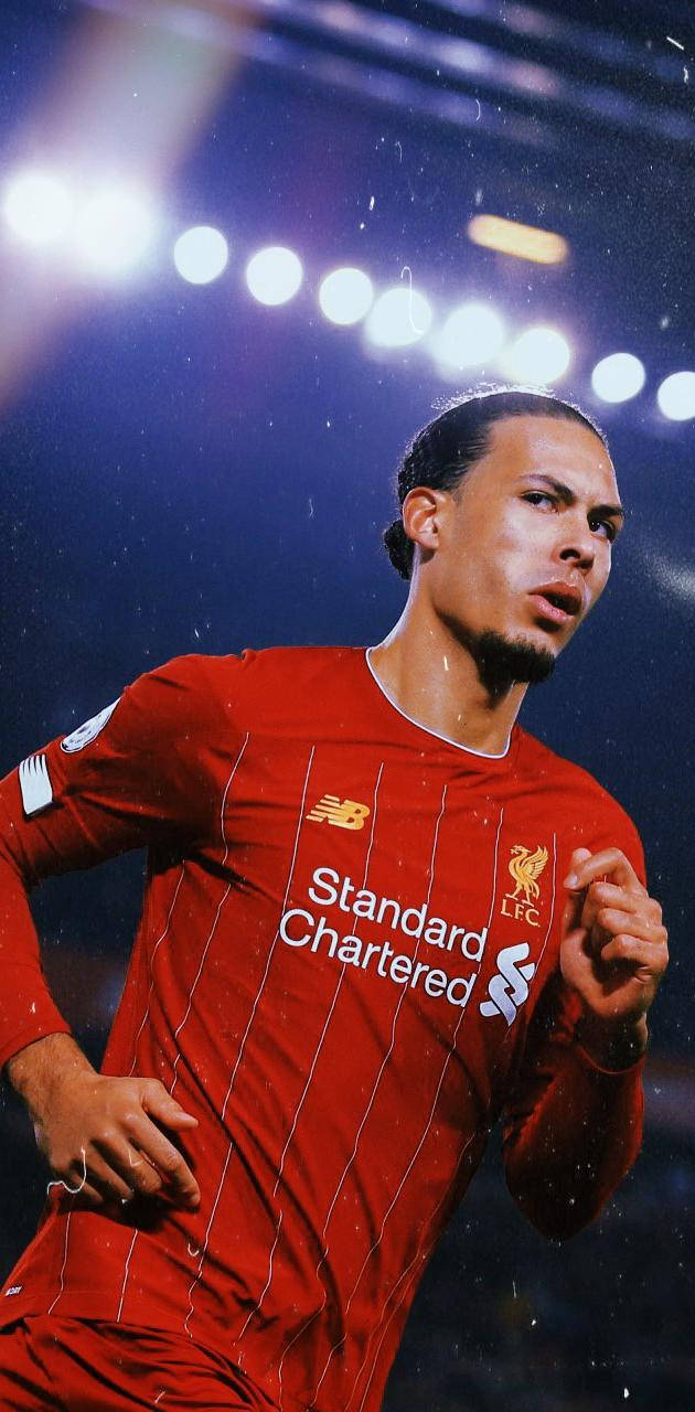 Virgil van Dijk, red Liverpool jersey, stadium lights, HD Phone Wallpaper