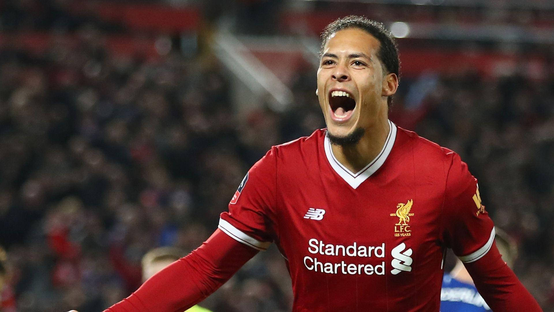 Virgil van Dijk, red Liverpool jersey, stadium, Full HD Desktop Wallpaper