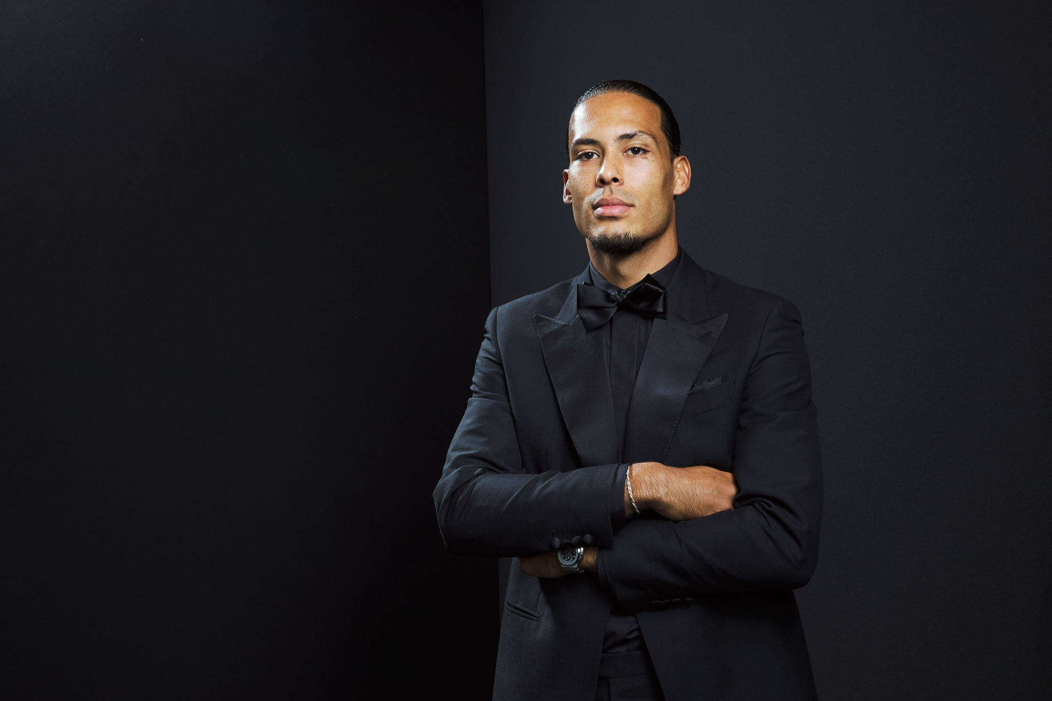 Virgil van dijk, black tuxedo, dark studio backdrop, Full HD Desktop Wallpaper