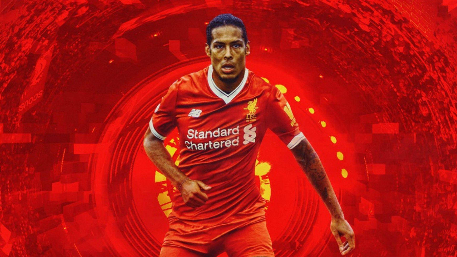 Virgil van Dijk, red Liverpool jersey, swirling red tunnel, Full HD Desktop Wallpaper