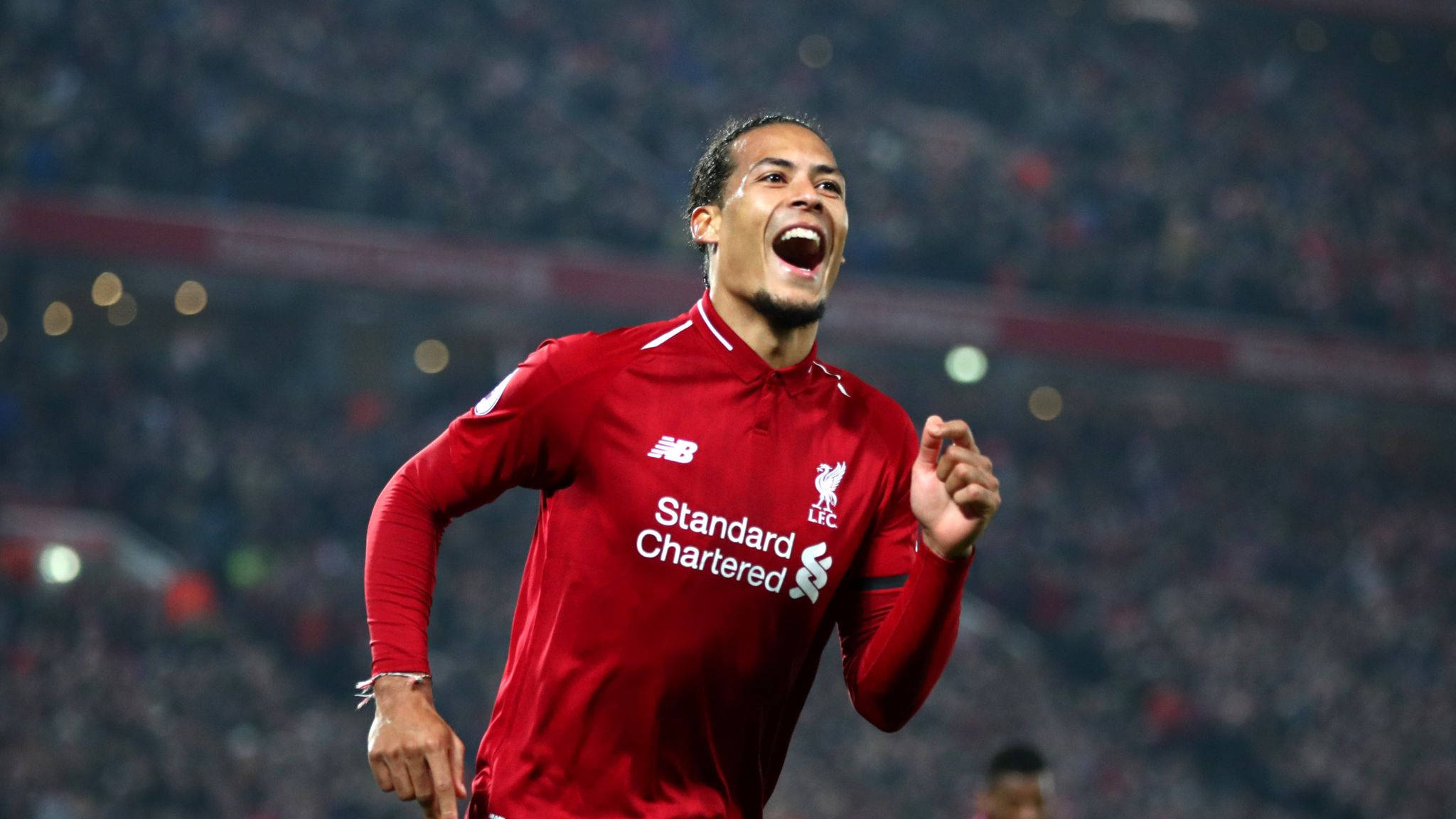 Virgil van Dijk, red Liverpool jersey, stadium, Full HD Desktop Wallpaper