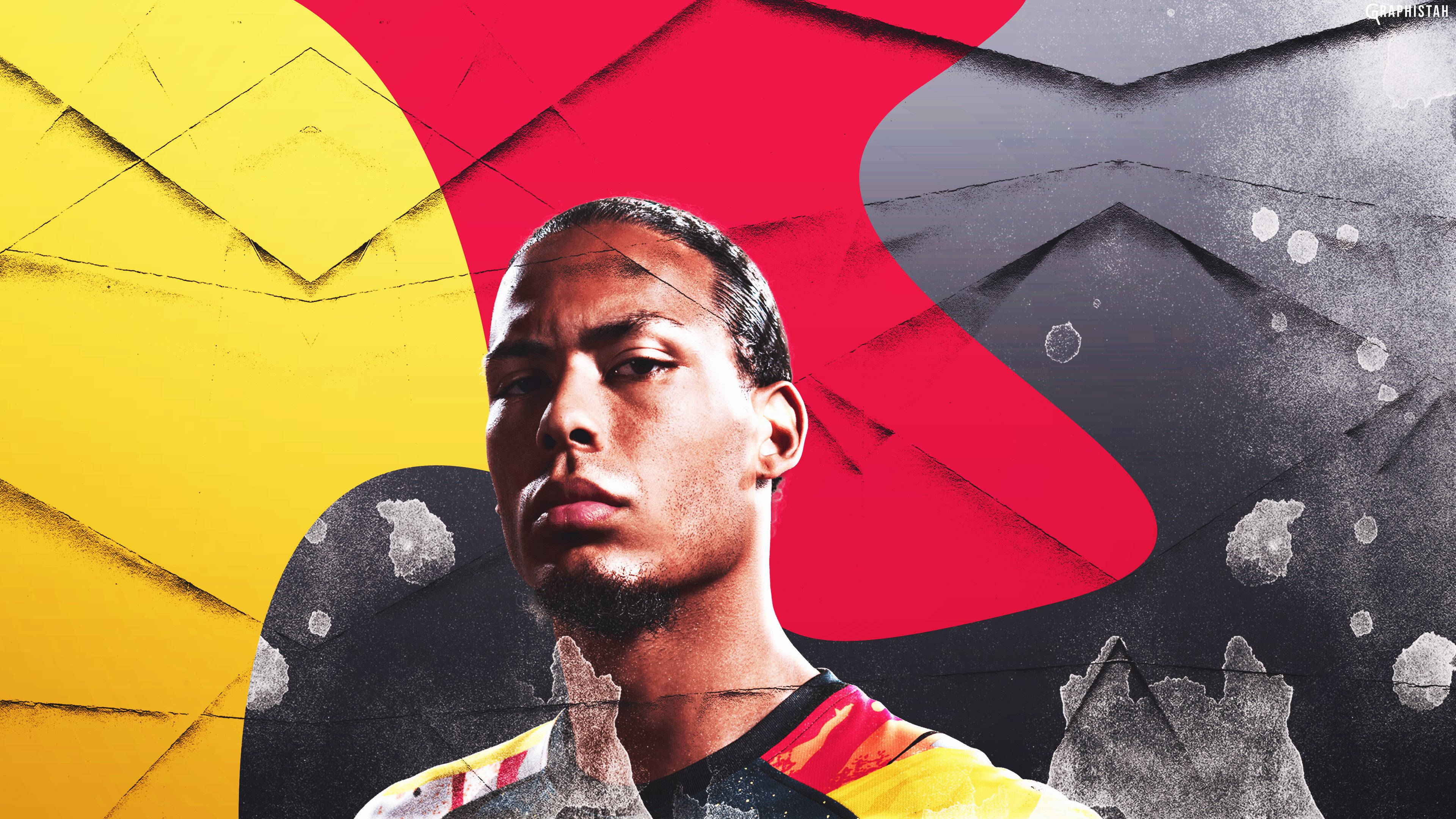 Virgil van Dijk, yellow and red jersey, torn paper textures, 4K Desktop Wallpaper