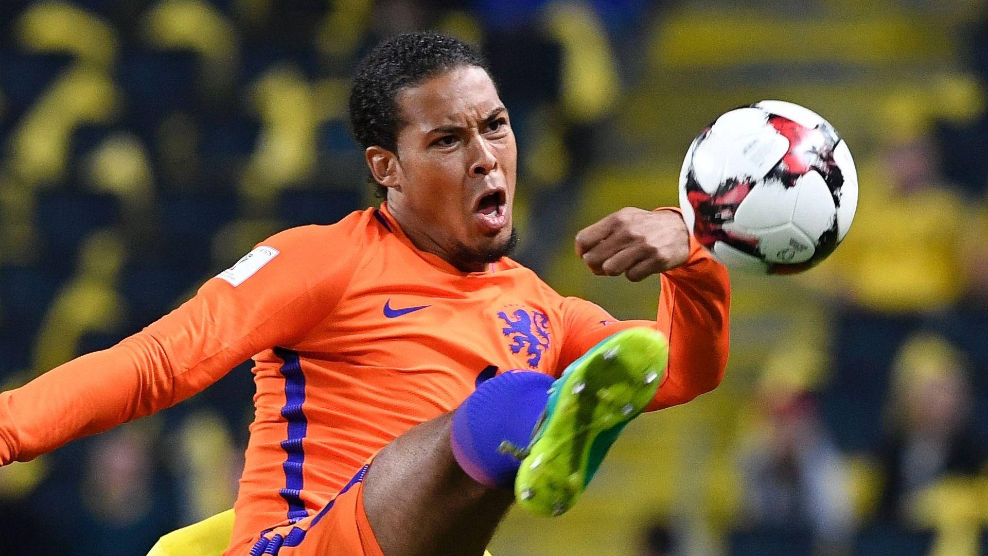 Virgil van Dijk, orange jersey, white and red ball, Full HD Desktop Wallpaper