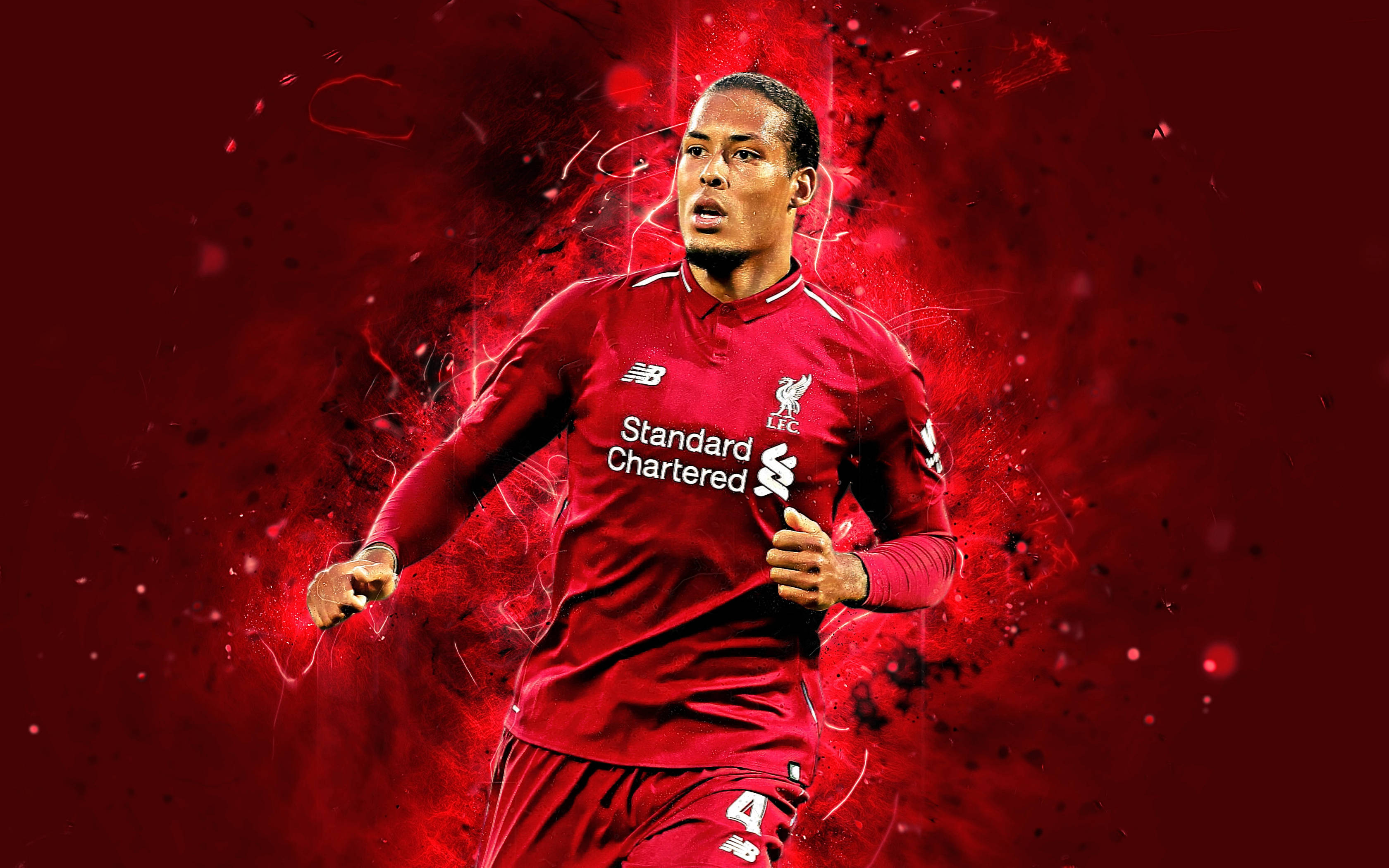 Virgil van Dijk, red Liverpool jersey, fiery red abstract background, 2K Desktop Wallpaper
