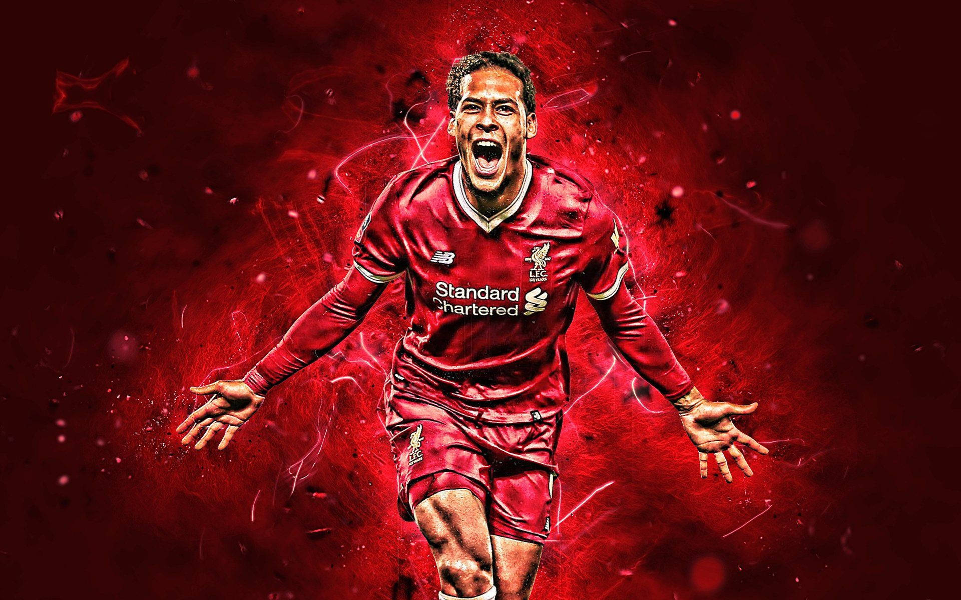 Virgil van dijk, red Liverpool jersey, red energy burst background, Full HD Desktop Wallpaper