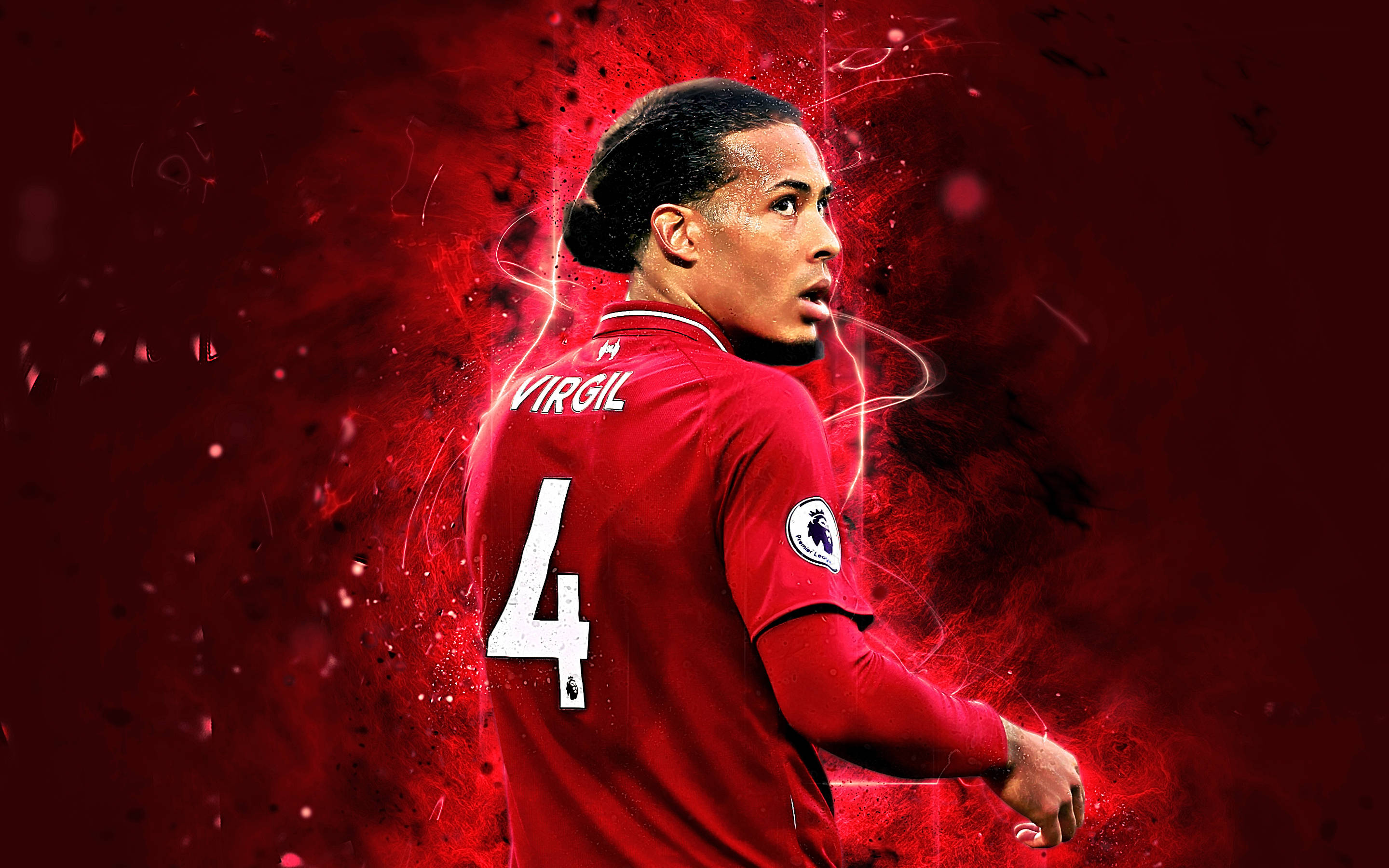Virgil van Dijk, red Liverpool jersey, electric red energy bursts, 2K Desktop Wallpaper