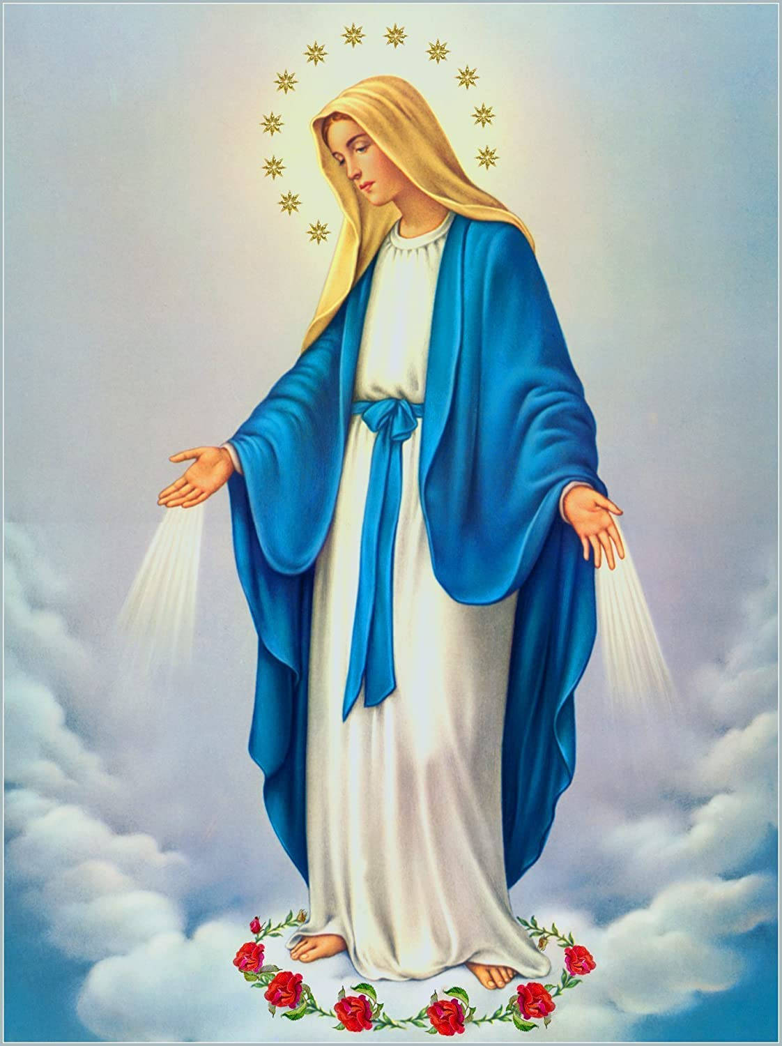 The Virgin Mary, red roses, blue and white robes, HD Phone Wallpaper