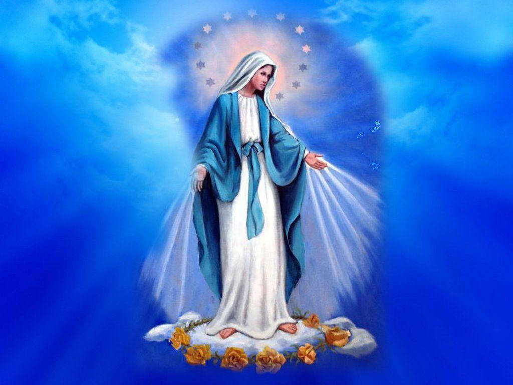 Virgin Mary, blue and white robes, clouds, SD Desktop Wallpaper