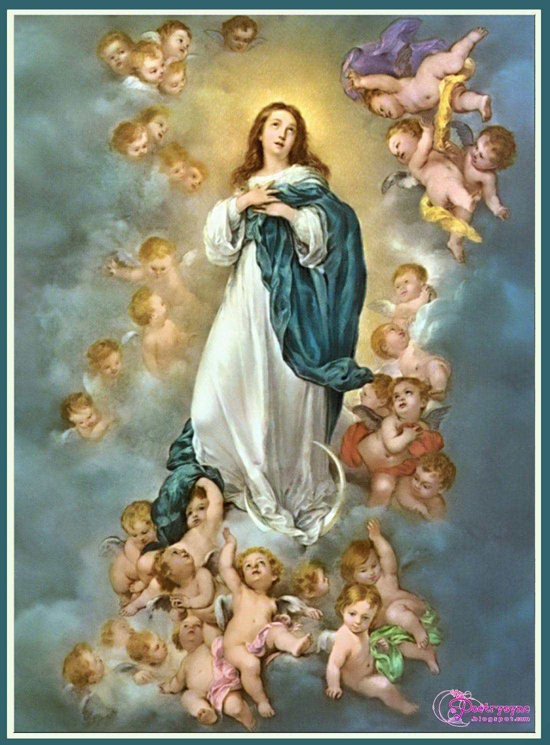Virgin Mary, white and blue robes, swirling clouds, HD Phone Wallpaper