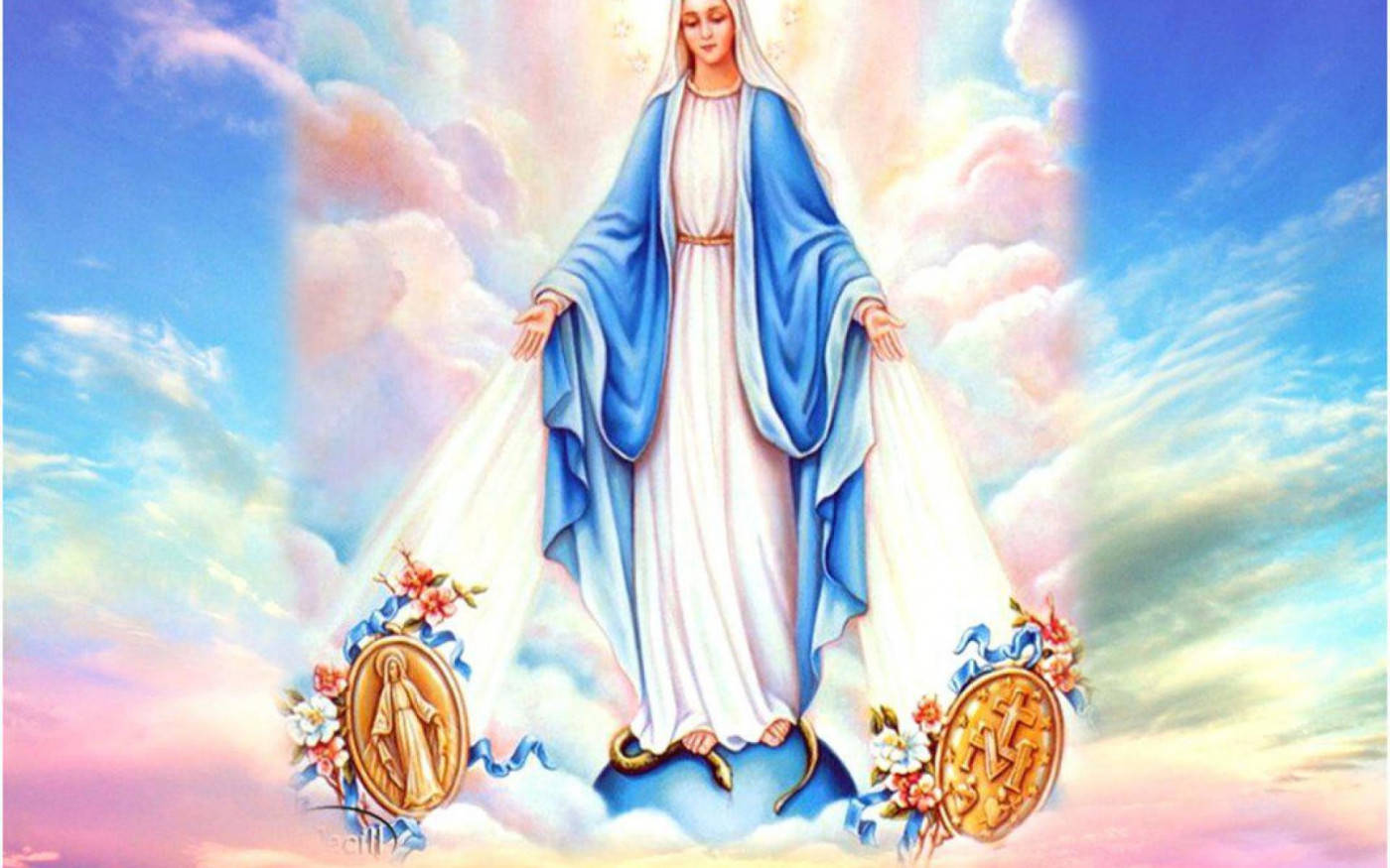 The Virgin Mary, blue and white robes, globe, HD Desktop Wallpaper