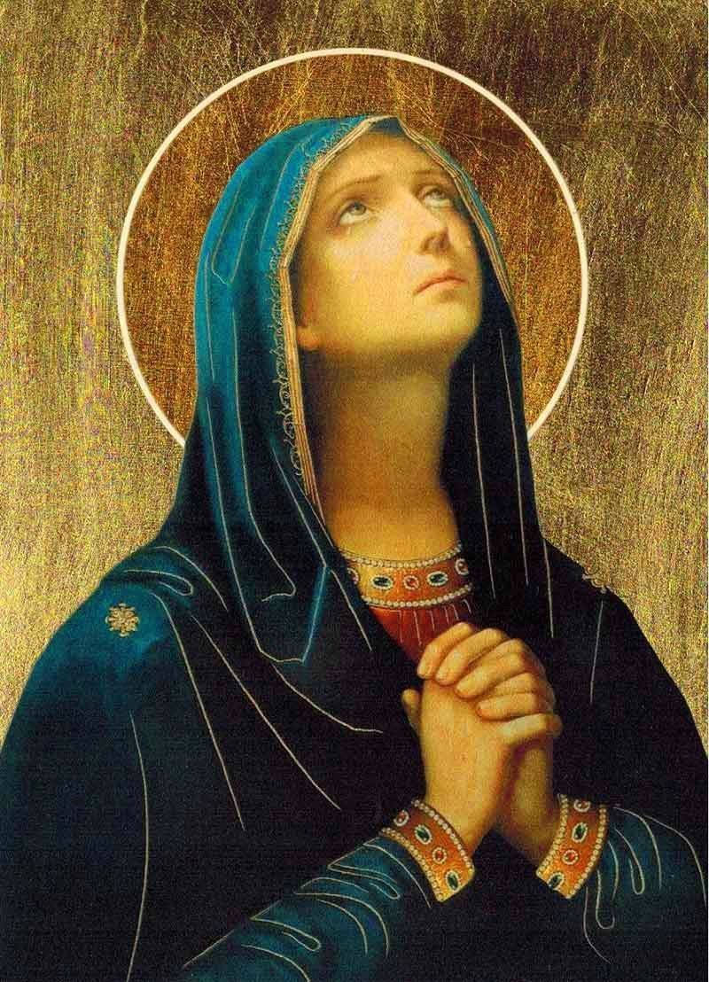 The Virgin Mary, deep blue veil, ornate red collar, SD Phone Wallpaper