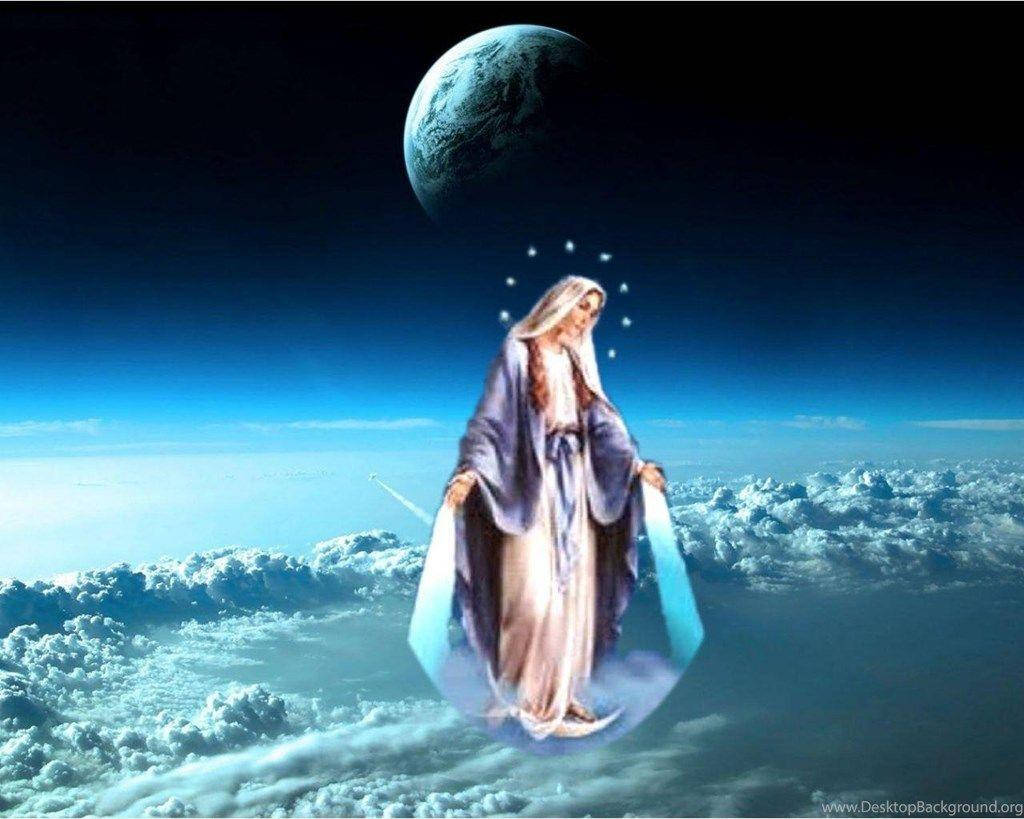 Virgin Mary, blue and white robes, clouds, SD Desktop Wallpaper