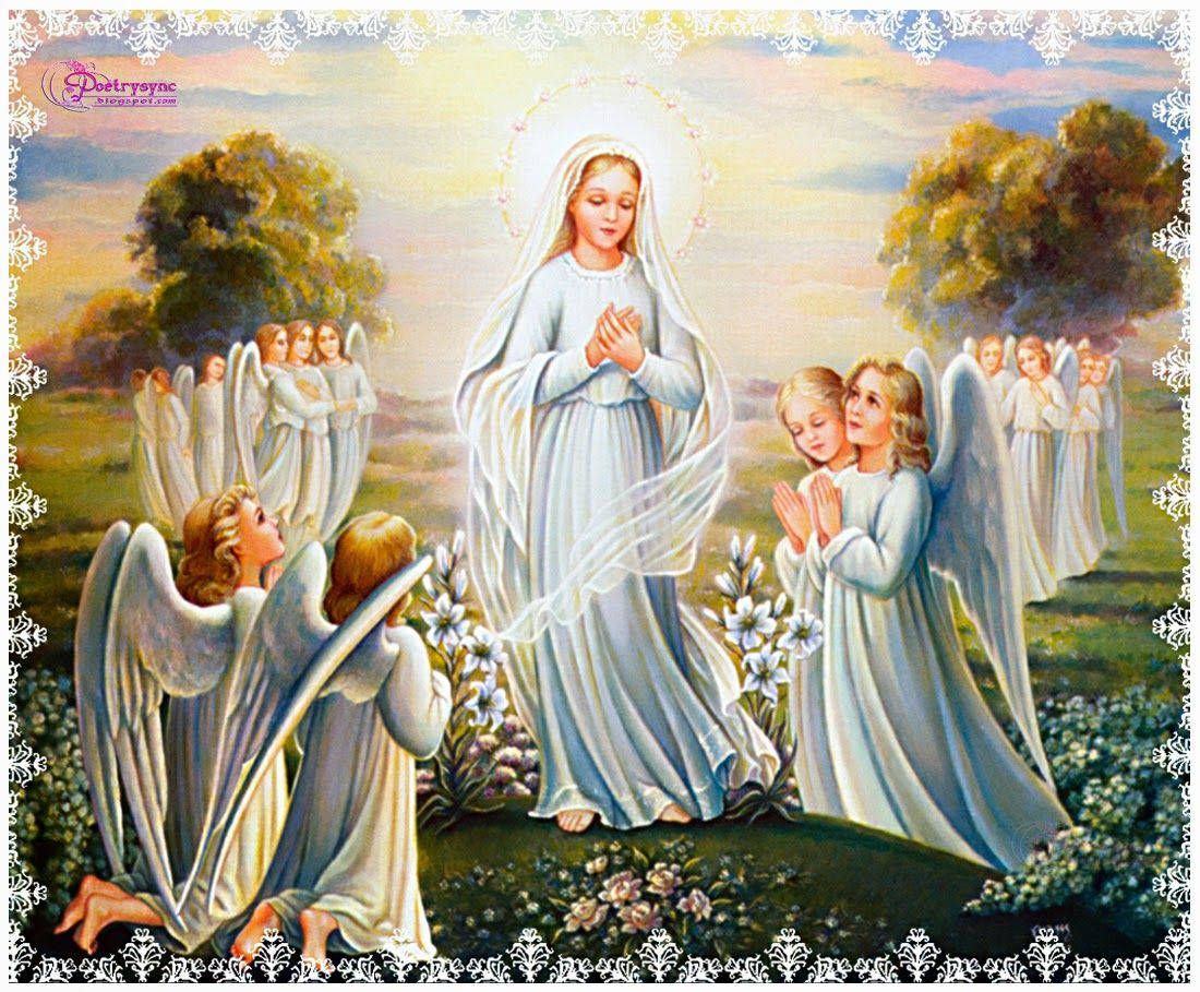 Virgin Mary, white robes, kneeling angels, SD Desktop Wallpaper