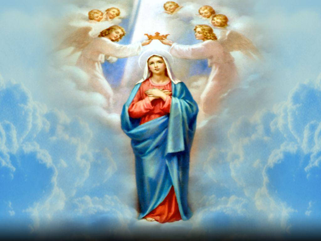 The Virgin Mary, angels, blue and red robes, SD Desktop Wallpaper