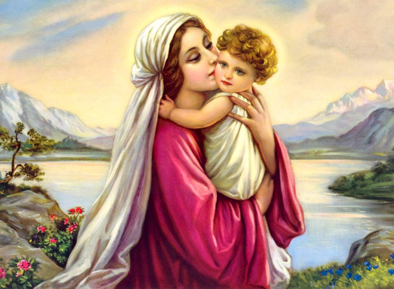 The Virgin Mary, pink robe, curly hair, HD Desktop Wallpaper