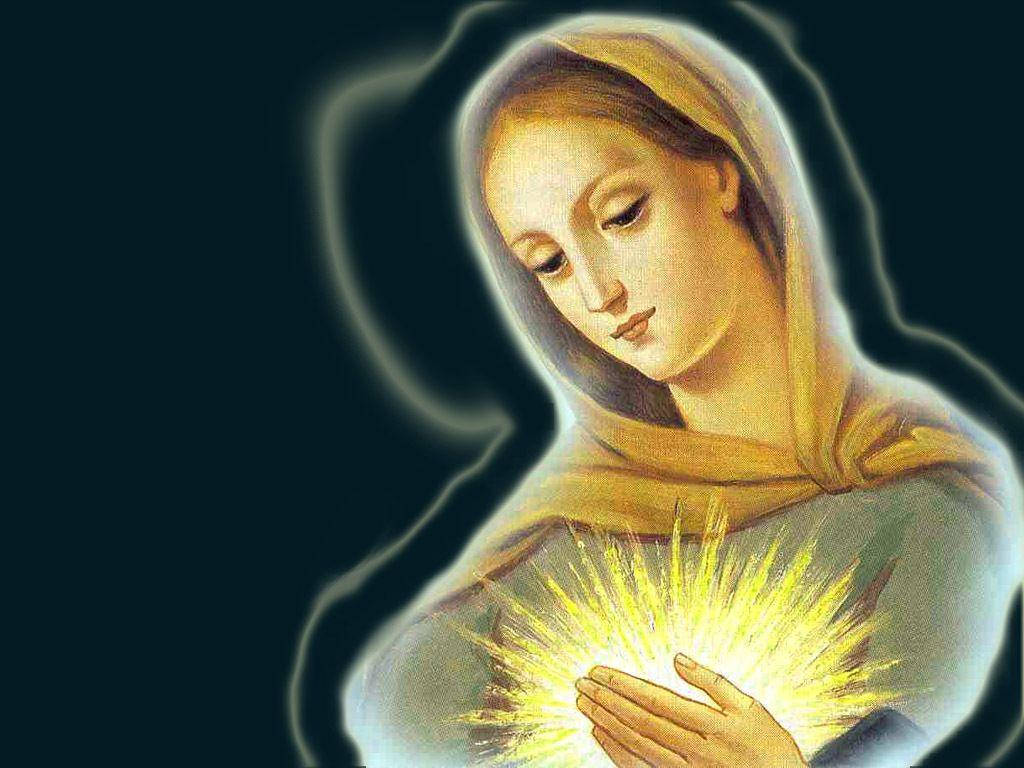 The Virgin Mary, glowing heart, yellow veil, SD Desktop Wallpaper