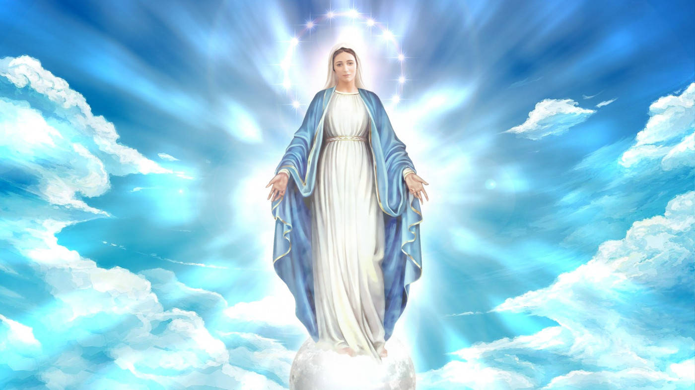 Virgin Mary, white and blue robes, glowing orb, HD Desktop Wallpaper