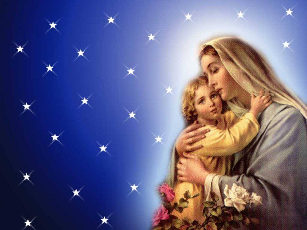 Virgin Mary, child Jesus, starry blue night sky, SD Desktop Wallpaper