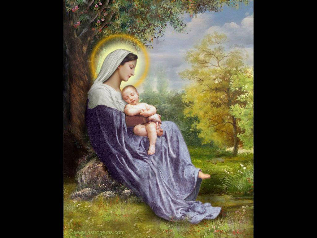 The Virgin Mary, golden halo, sleeping infant, SD Desktop Wallpaper