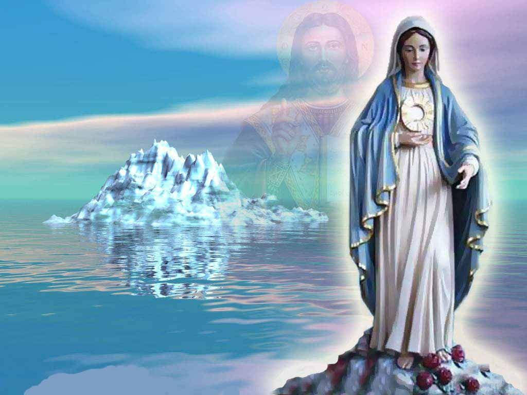 Virgin Mary, blue, rocky shore, SD Desktop Wallpaper