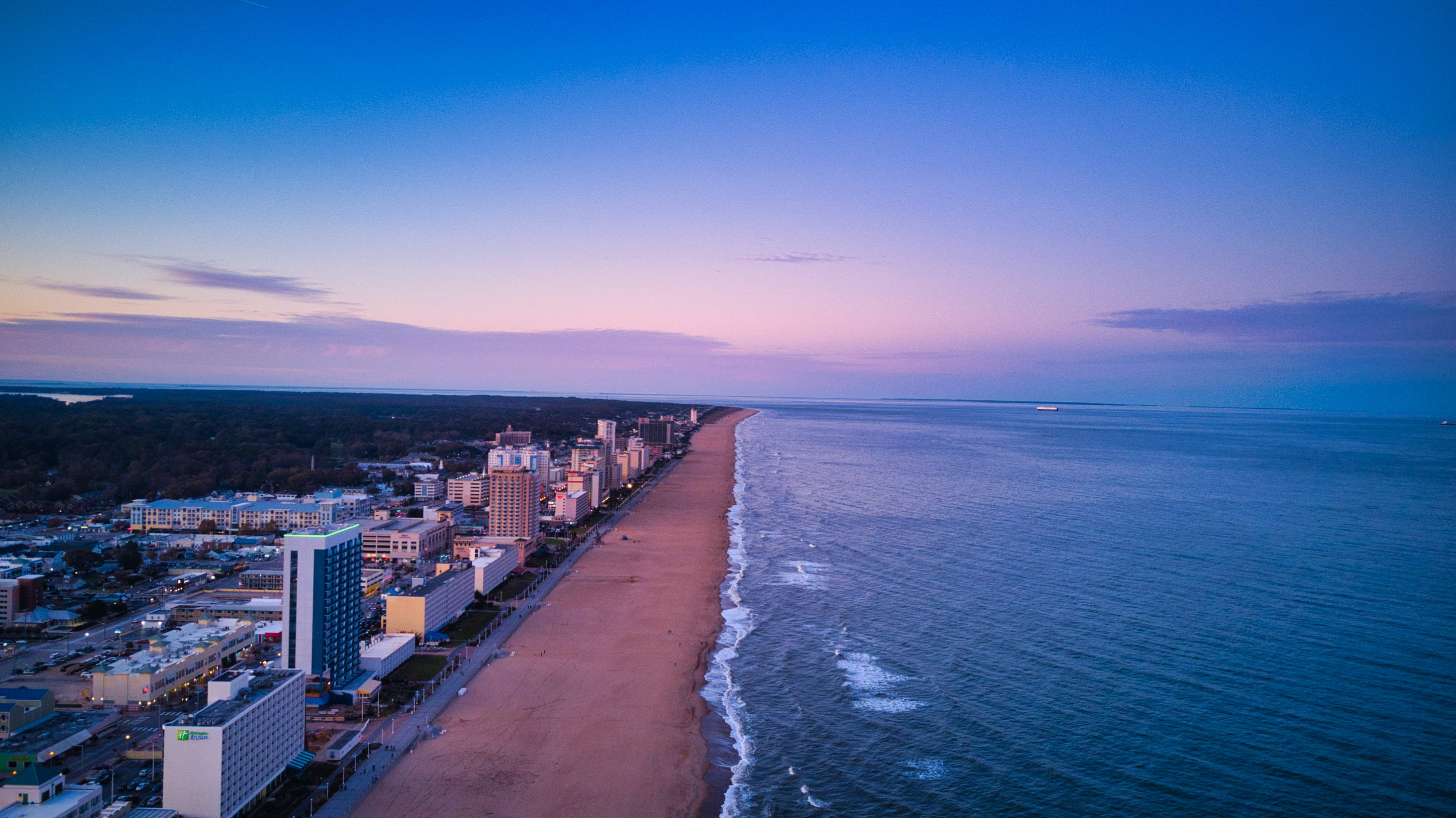 Virginia Beach, twilight, pink and blue sky, 4K Desktop Wallpaper