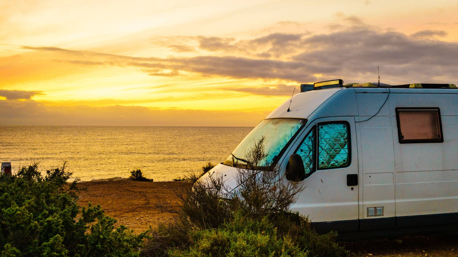 camping van, beach, sunset, Full HD Desktop Wallpaper
