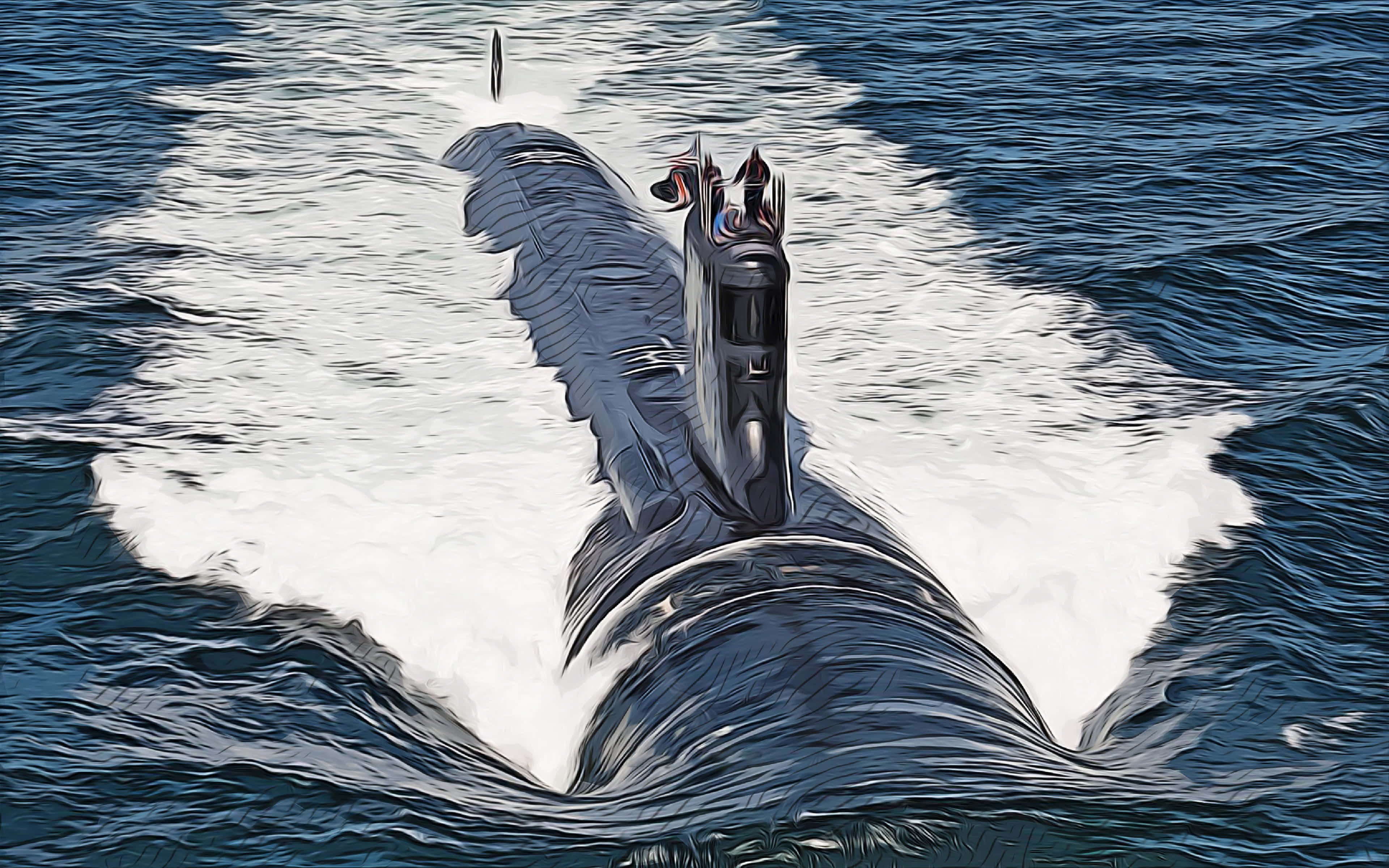 Virginia-class Submarine, deep blue ocean, frothy white wake, 4K Desktop Wallpaper