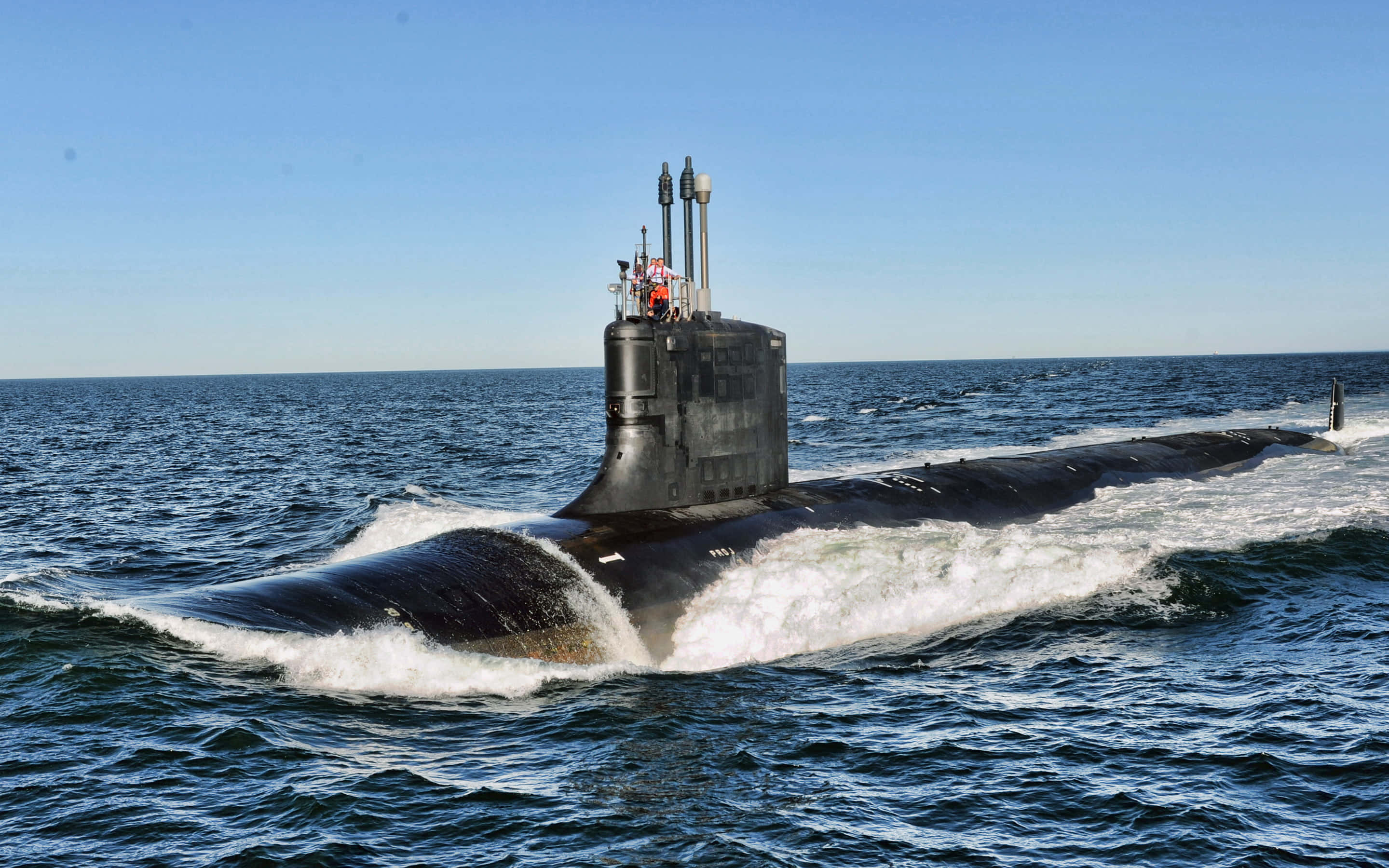 Virginia-class Submarine, sleek black, choppy blue waters, 2K Desktop Wallpaper