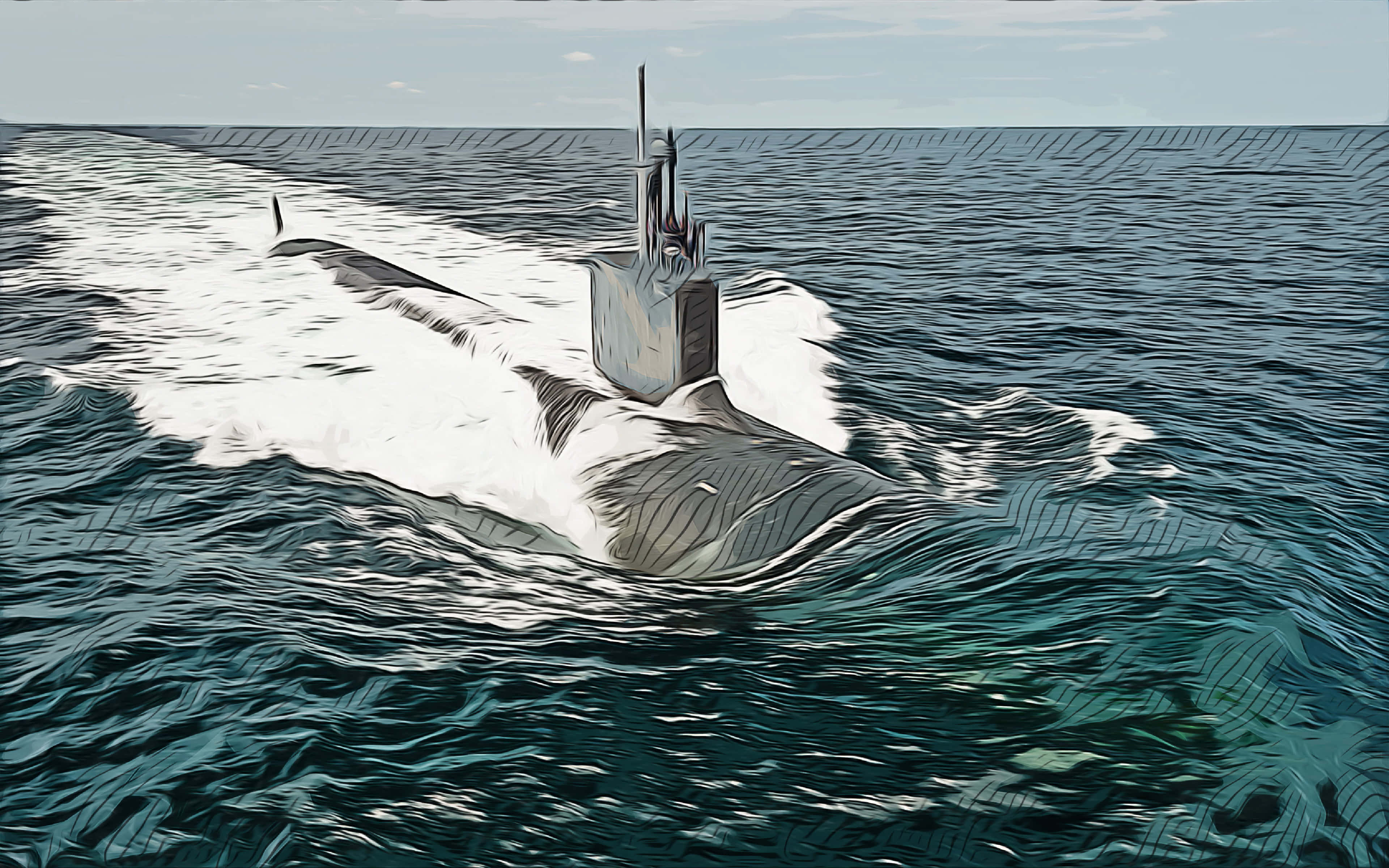 Virginia-class Submarine, teal waters, white foamy wake, 4K Desktop Wallpaper