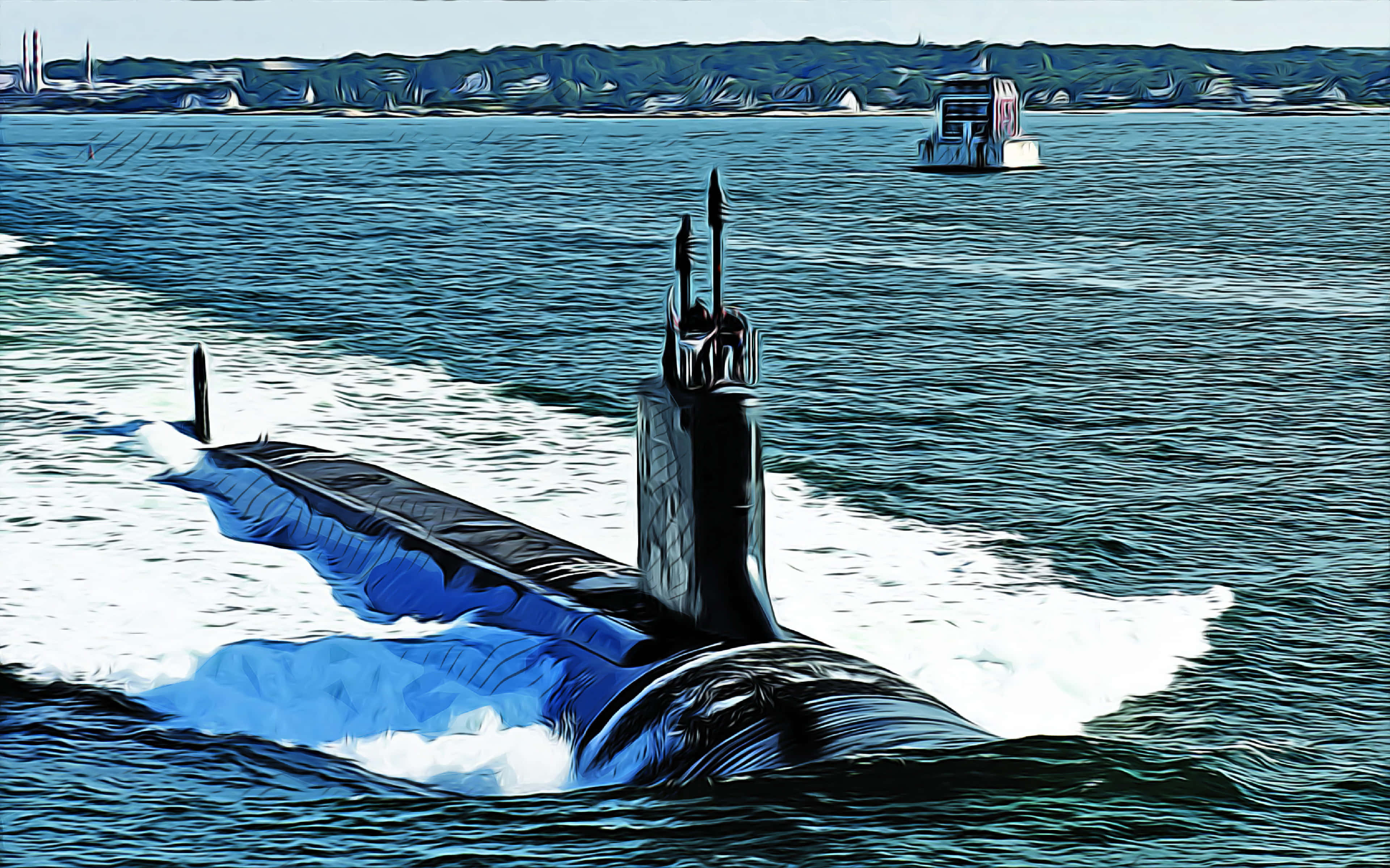 Virginia-class Submarine, sleek black, choppy blue waters, 4K Desktop Wallpaper