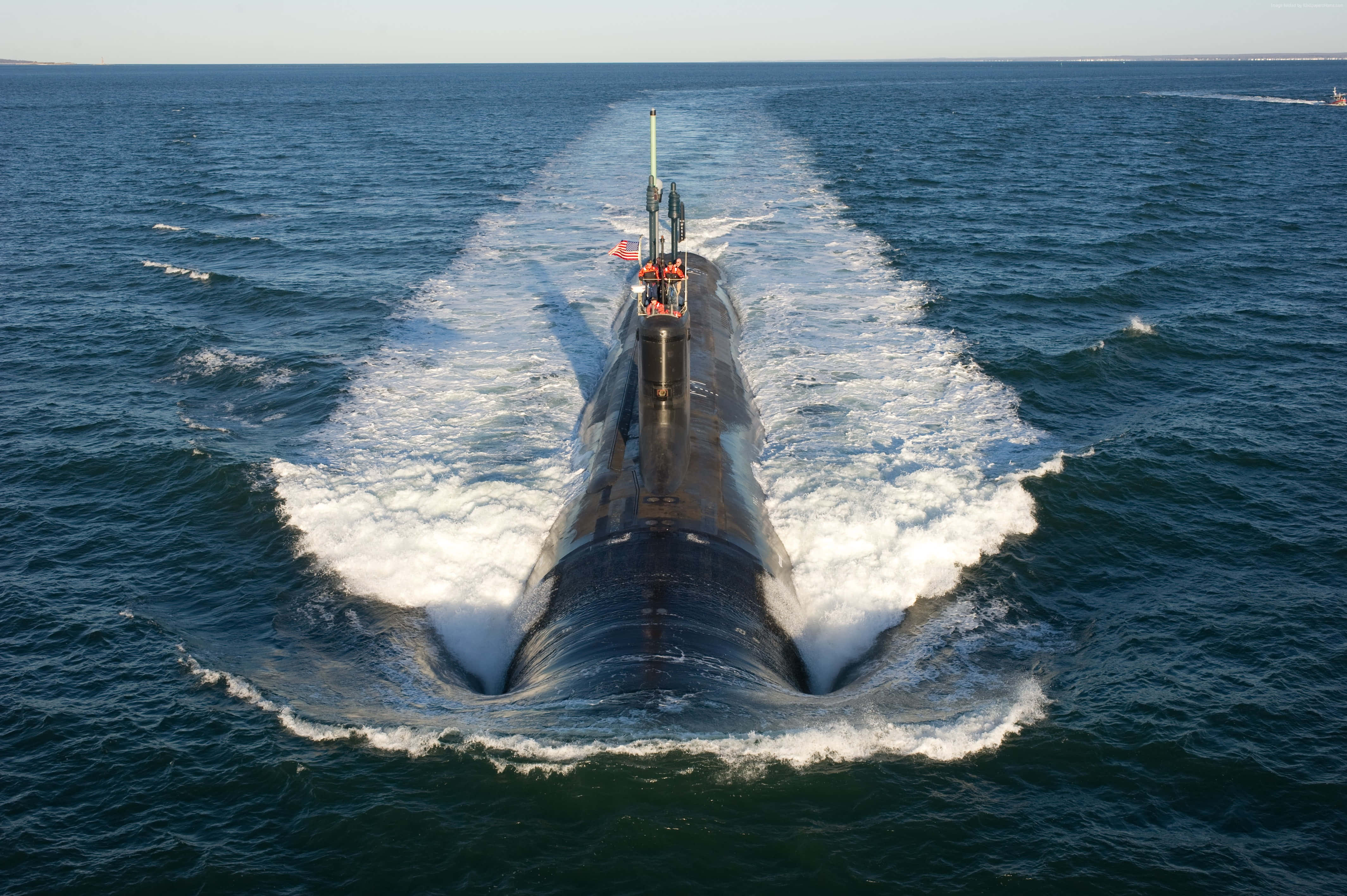 Virginia-class Submarine, deep blue ocean water, frothy white wake, 4K Desktop Wallpaper