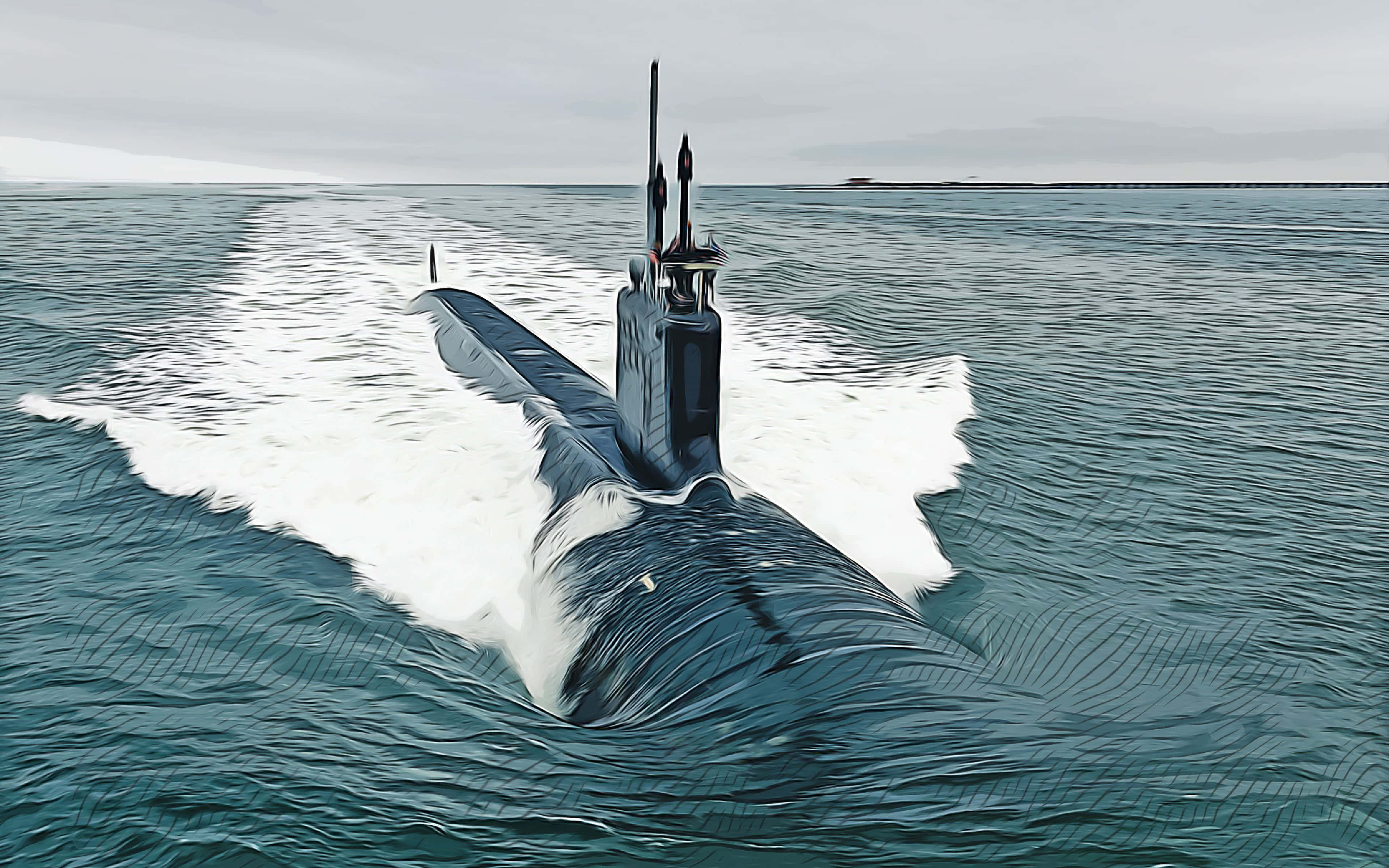 Virginia-class Submarine, sleek black, choppy teal waters, 4K Desktop Wallpaper
