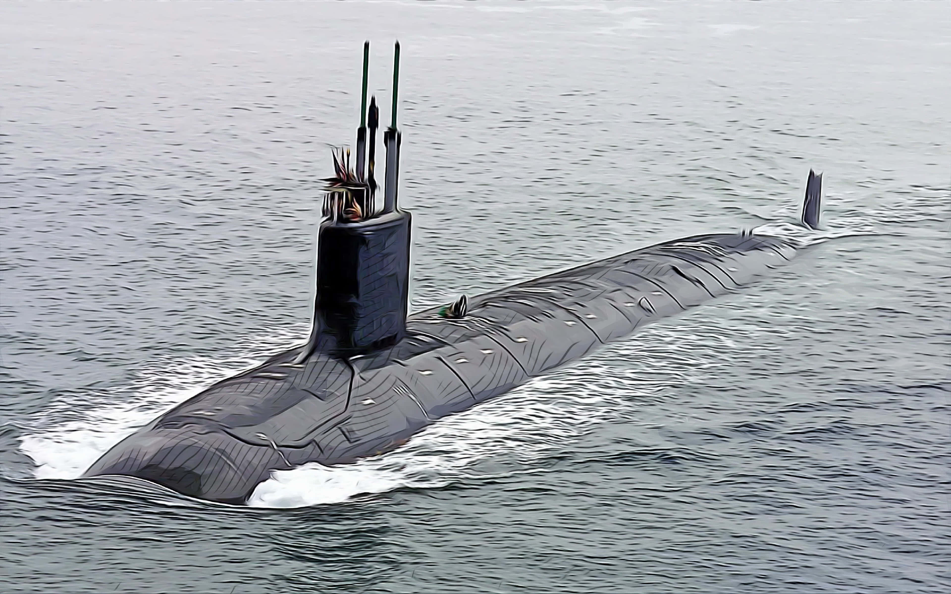 Virginia-class Submarine, sleek black, choppy gray waters, 4K Desktop Wallpaper