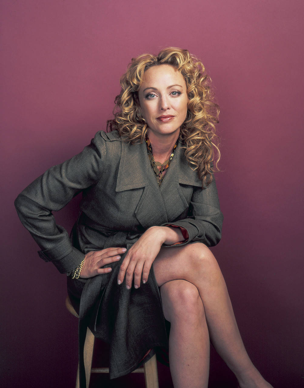 Virginia Madsen, grey coat, curly blonde hair, HD Phone Wallpaper